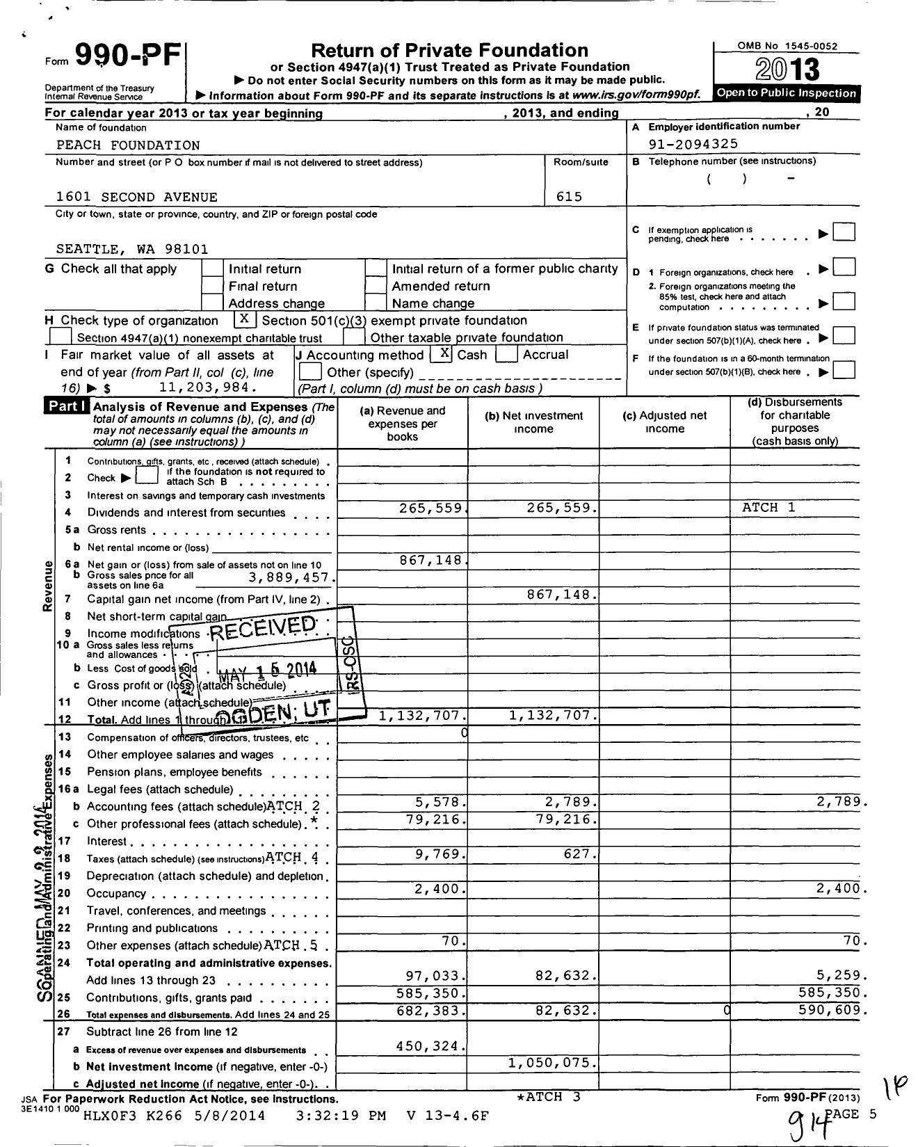 Image of first page of 2013 Form 990PF for Peach Foundation