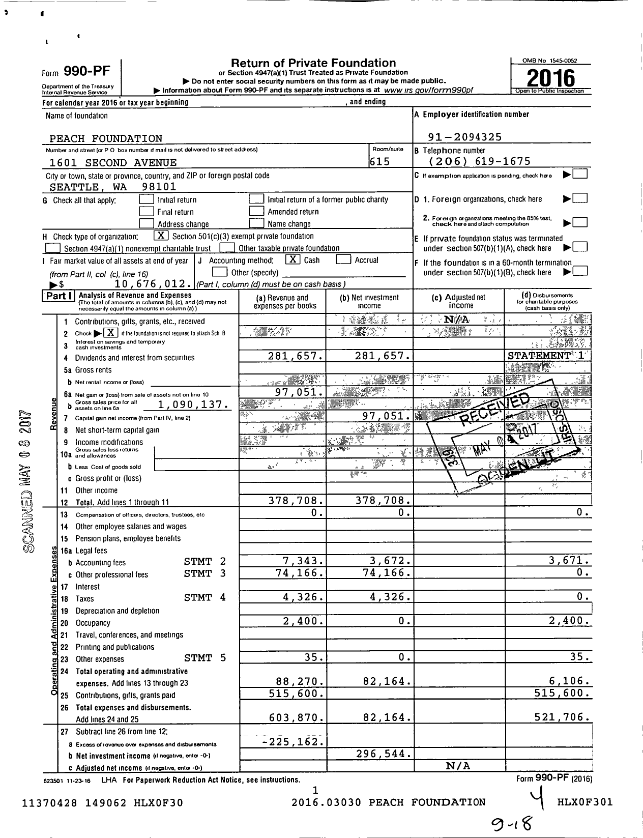 Image of first page of 2016 Form 990PF for Peach Foundation