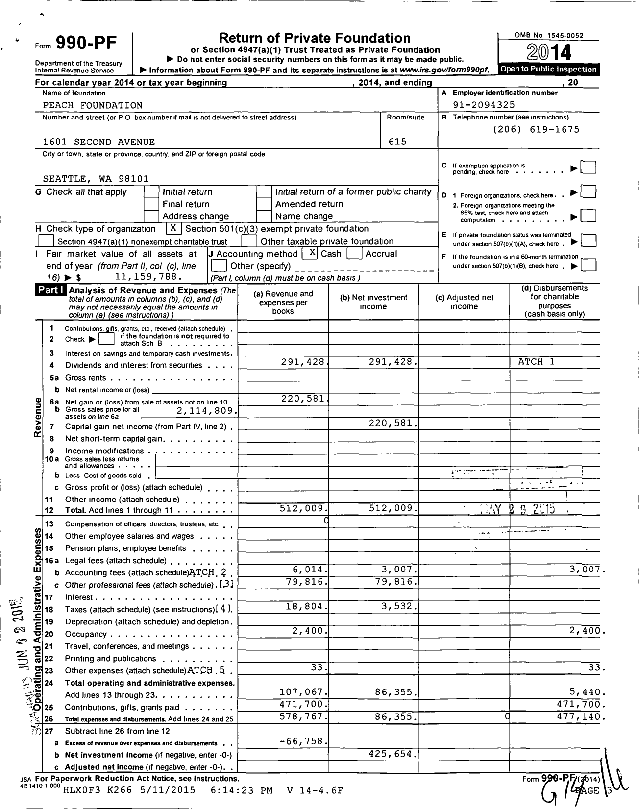 Image of first page of 2014 Form 990PF for Peach Foundation