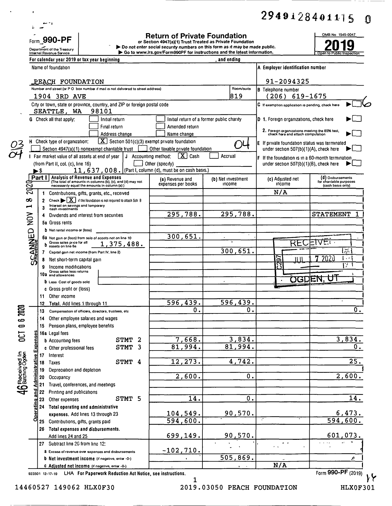 Image of first page of 2019 Form 990PF for Peach Foundation