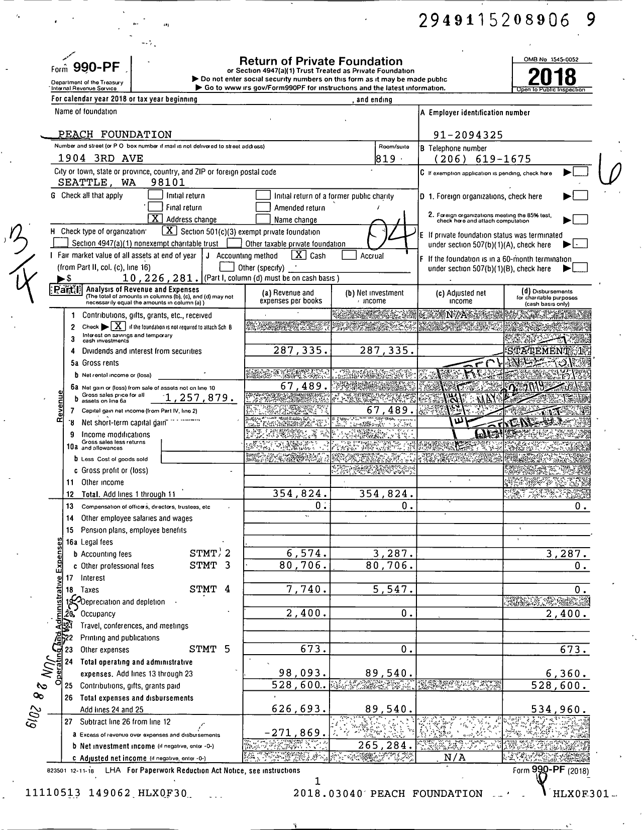 Image of first page of 2018 Form 990PF for Peach Foundation
