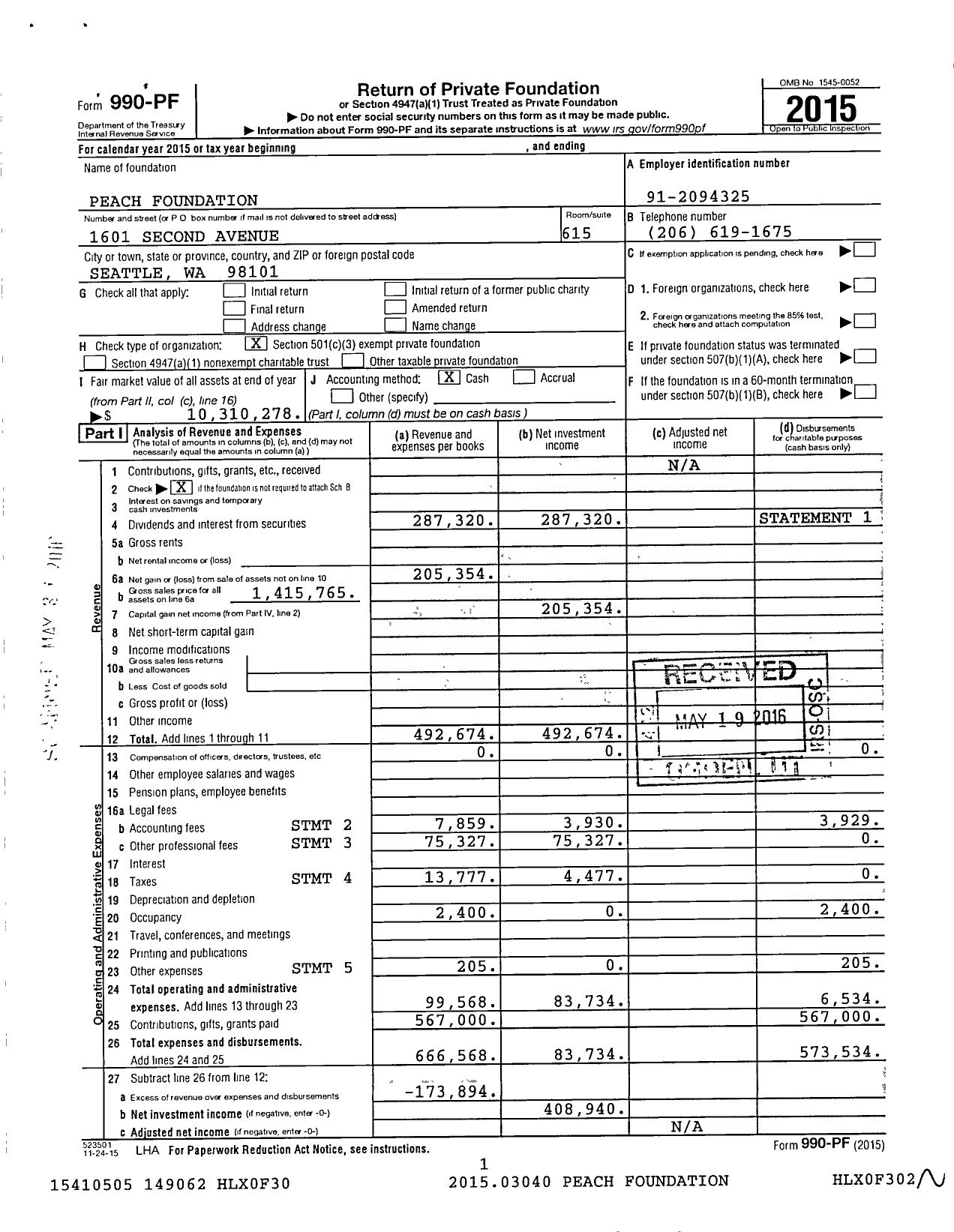 Image of first page of 2015 Form 990PF for Peach Foundation