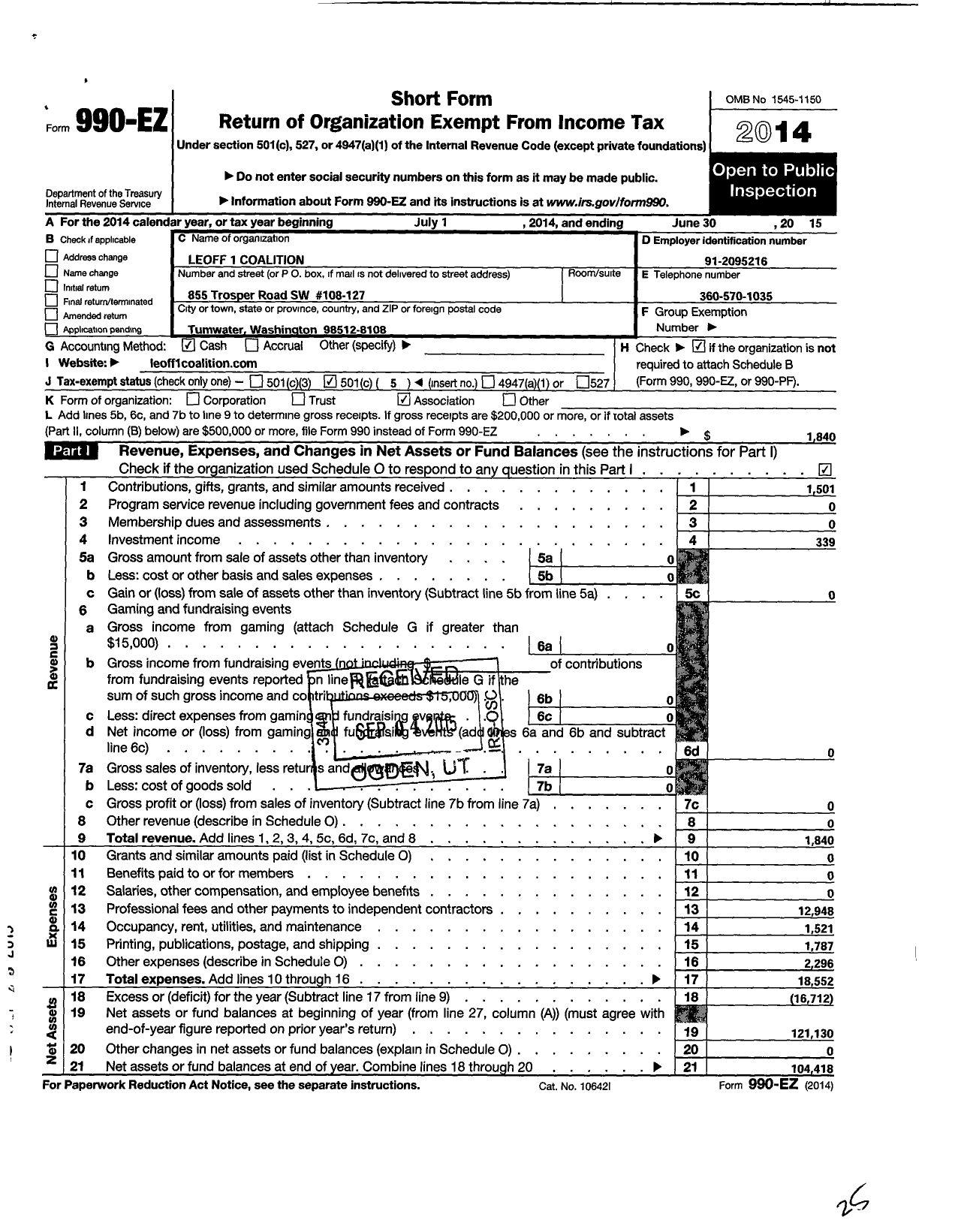 Image of first page of 2014 Form 990EO for Leoff 1 Coalition