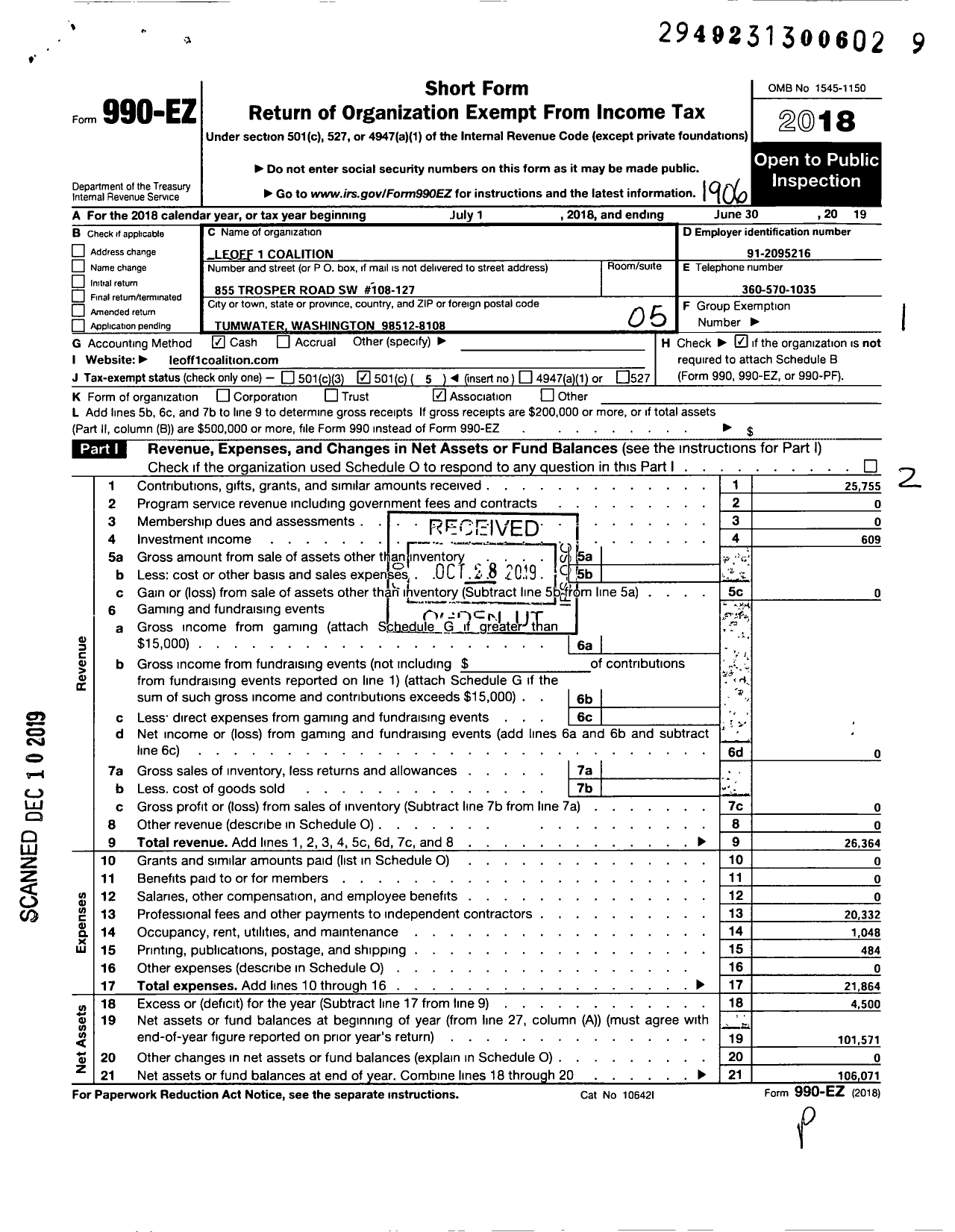 Image of first page of 2018 Form 990EO for Leoff 1 Coalition