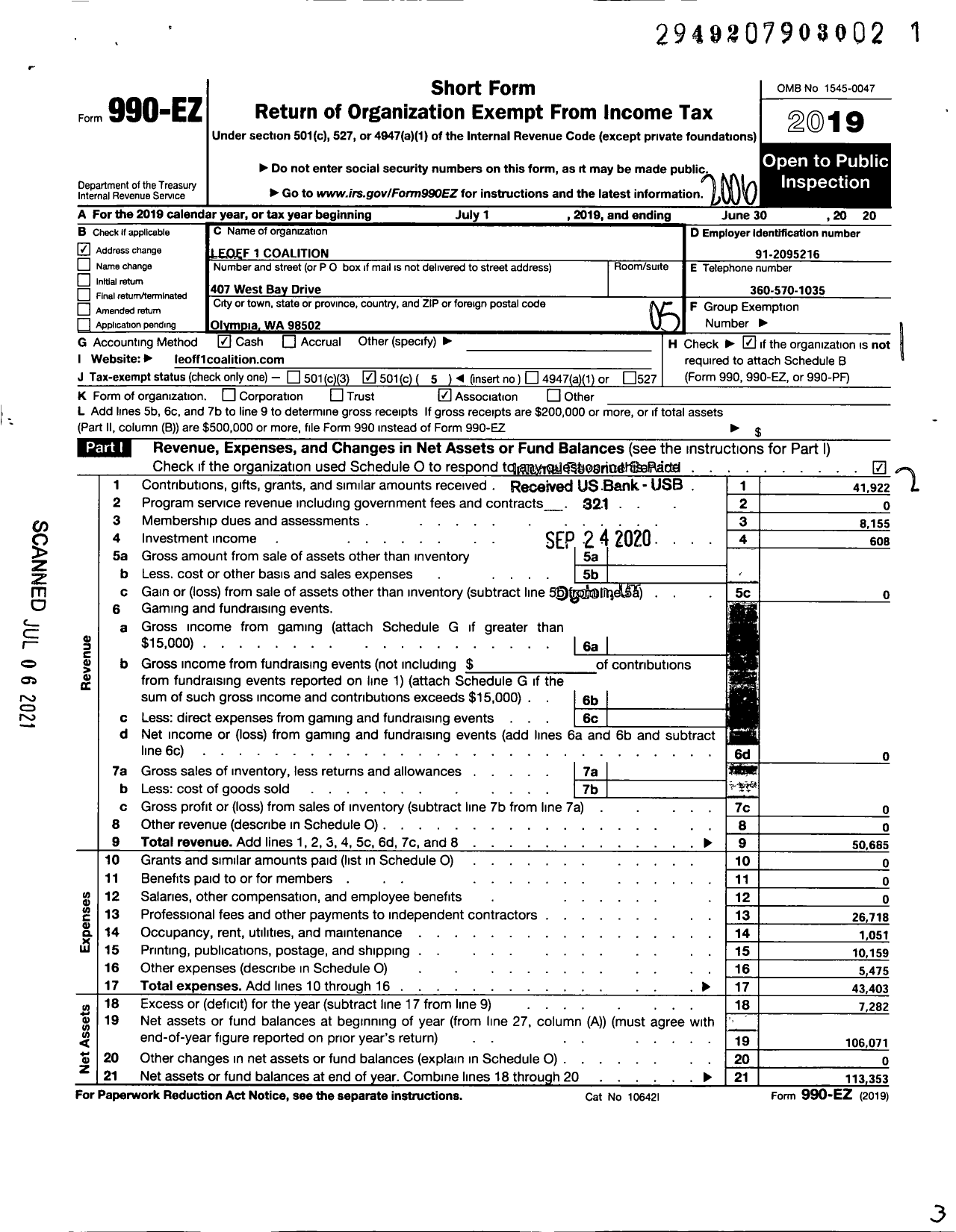 Image of first page of 2019 Form 990EO for Leoff 1 Coalition