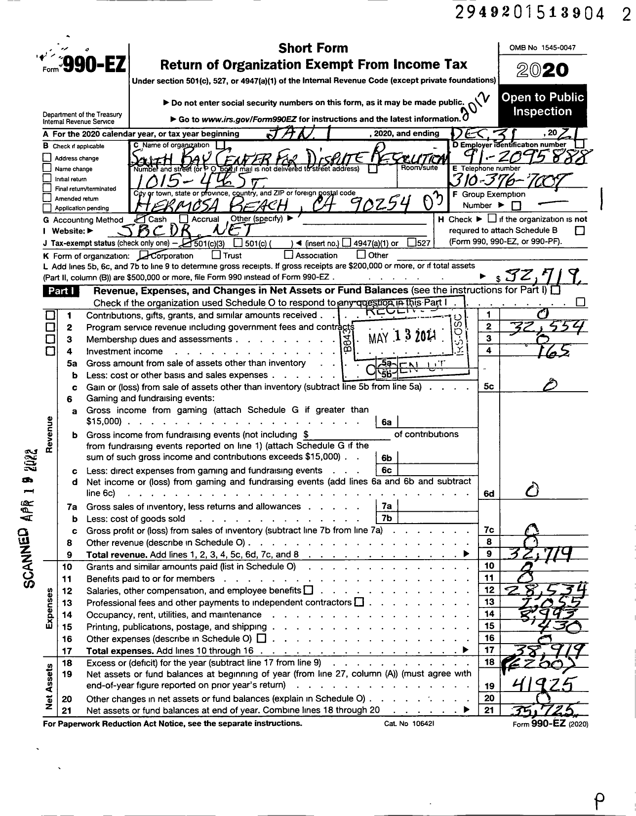 Image of first page of 2020 Form 990EZ for South Bay Center for Dispute Resolution