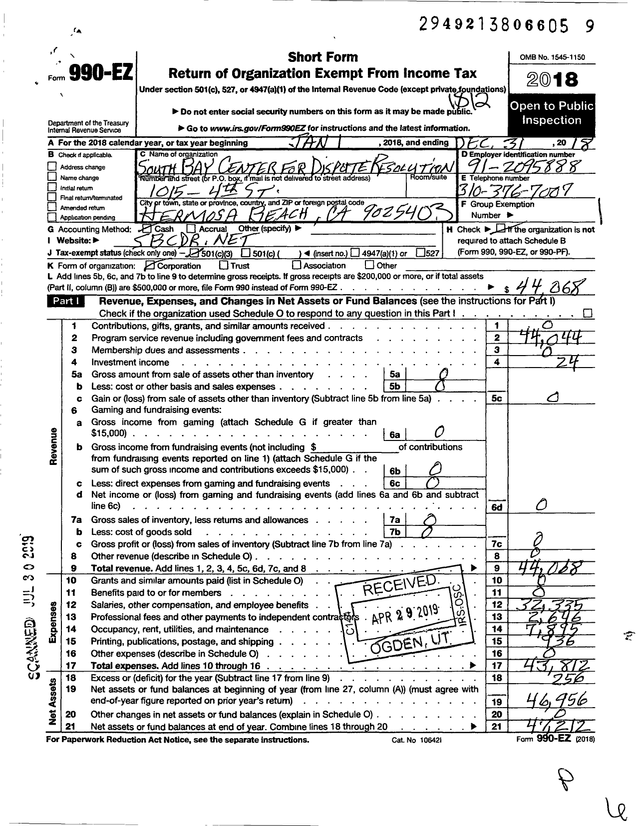 Image of first page of 2018 Form 990EZ for South Bay Center for Dispute Resolution