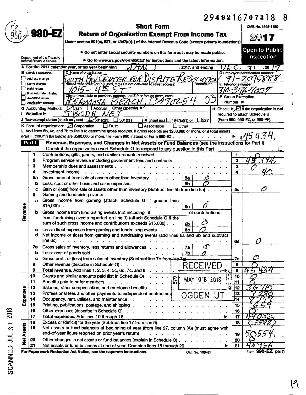 Image of first page of 2017 Form 990EZ for South Bay Center for Dispute Resolution