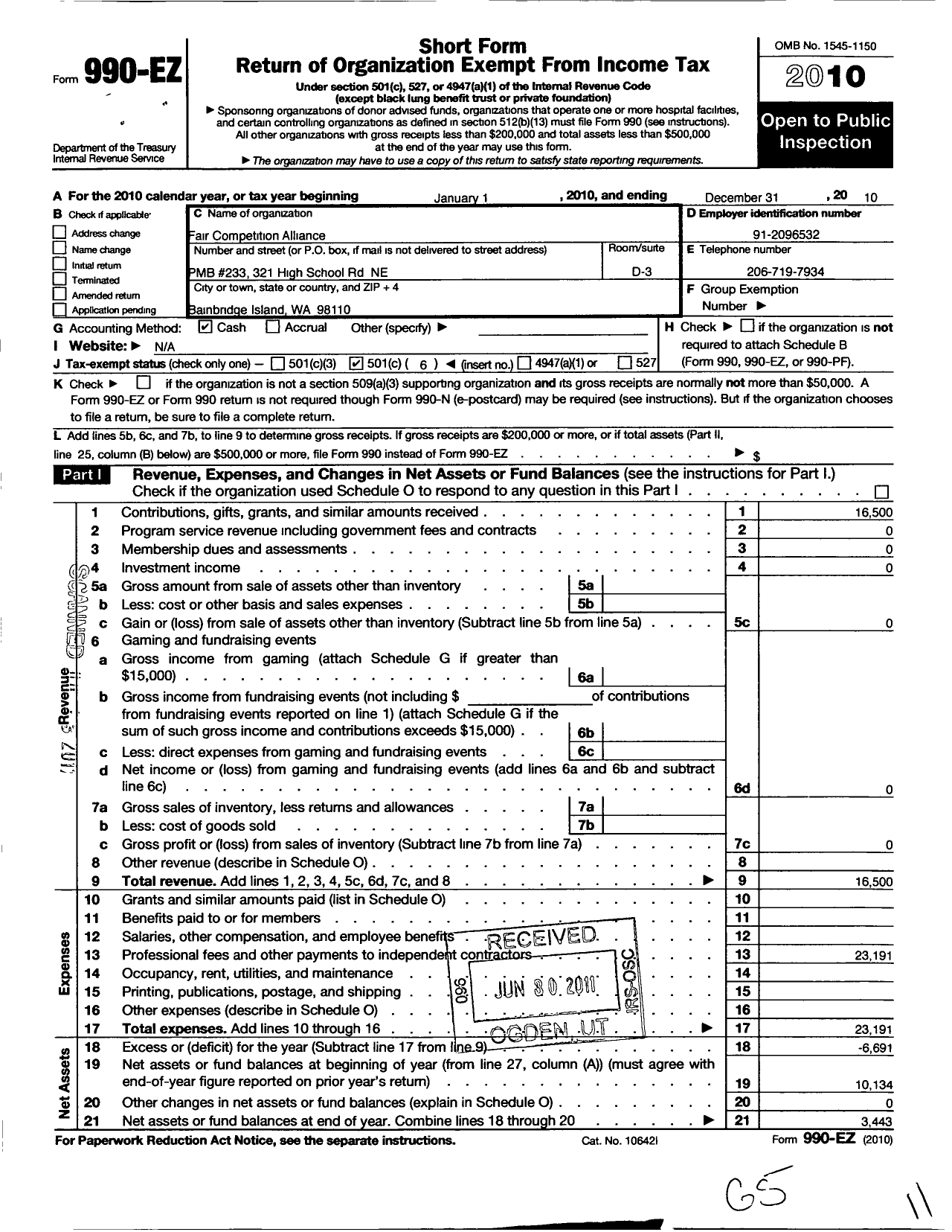 Image of first page of 2010 Form 990EO for Fair Competition Alliance