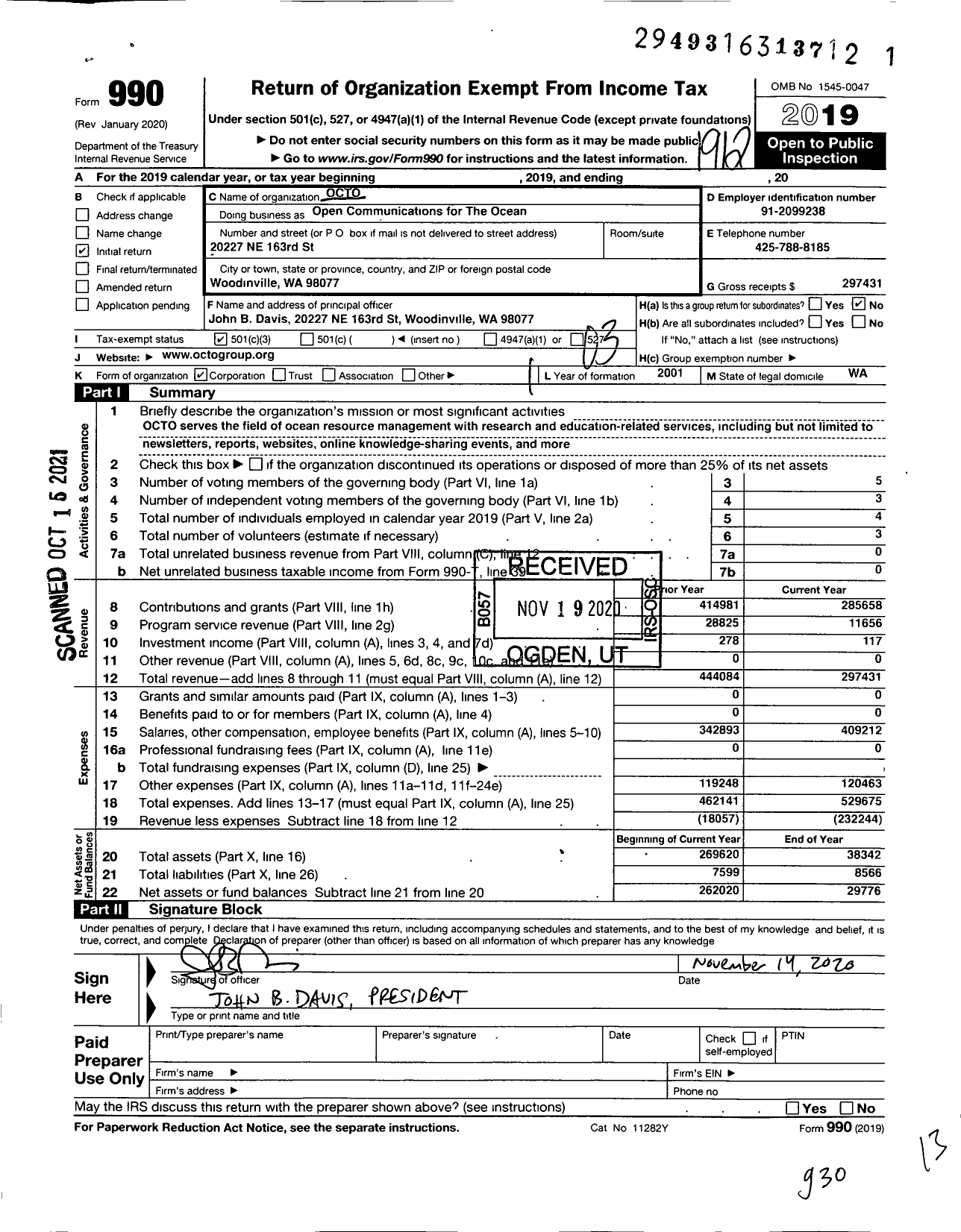 Image of first page of 2019 Form 990 for Open Communications for The Ocean (OCTO)