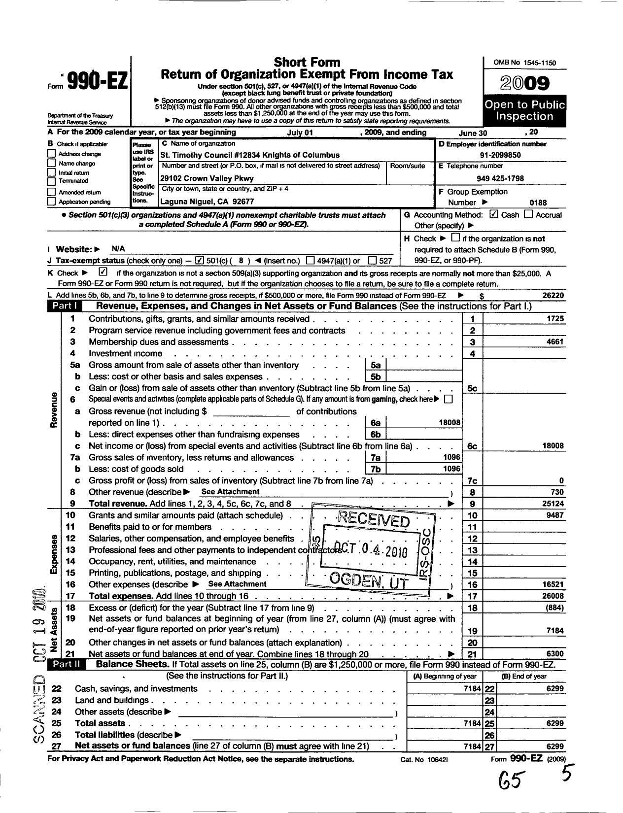 Image of first page of 2009 Form 990EO for KNIGHTS OF COLUMBUS - 12834 Saint Timothy Council