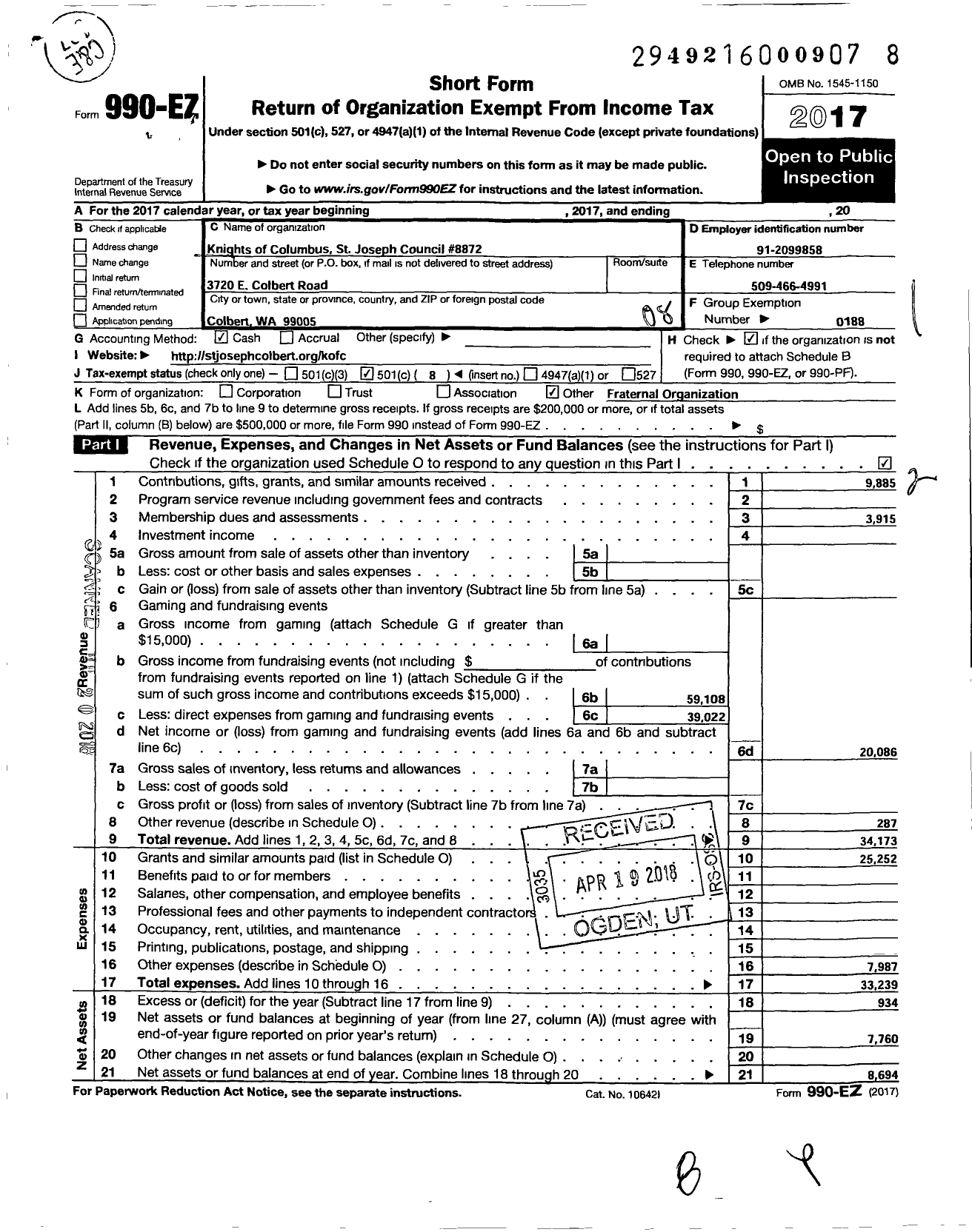 Image of first page of 2017 Form 990EO for Knights of Columbus - 8872 Colbert Council