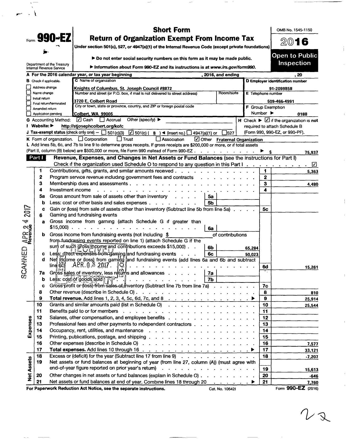 Image of first page of 2016 Form 990EO for Knights of Columbus - 8872 Colbert Council