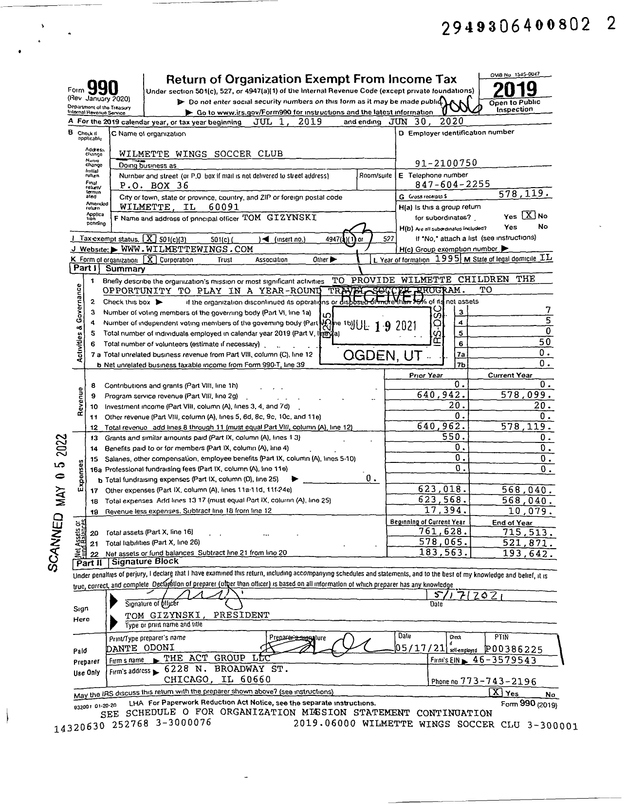 Image of first page of 2019 Form 990 for Wilmette Wings Soccer Club