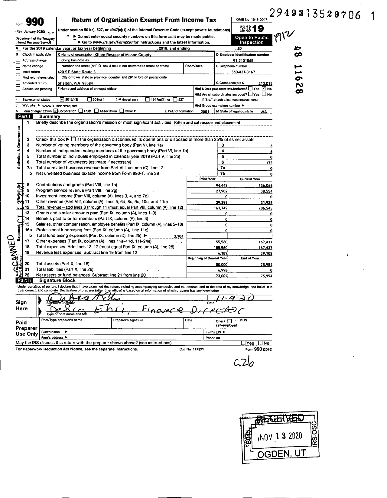 Image of first page of 2019 Form 990 for Kitten Rescue of Mason County