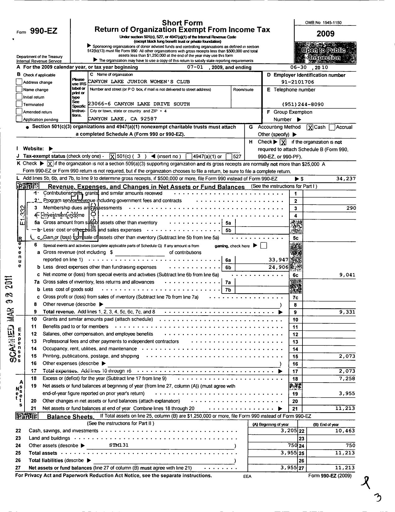 Image of first page of 2009 Form 990EZ for Canyon Lake Junior Womens Club