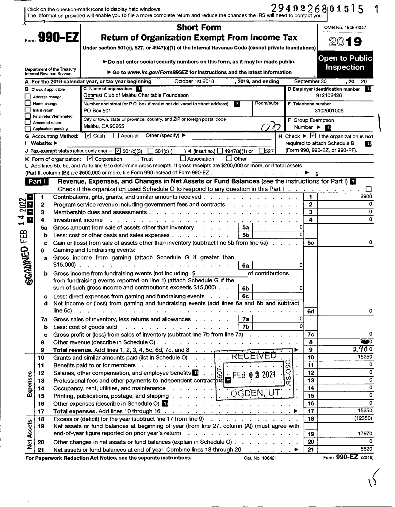 Image of first page of 2019 Form 990EZ for Optimist Club of Malibu Charitable Foundation