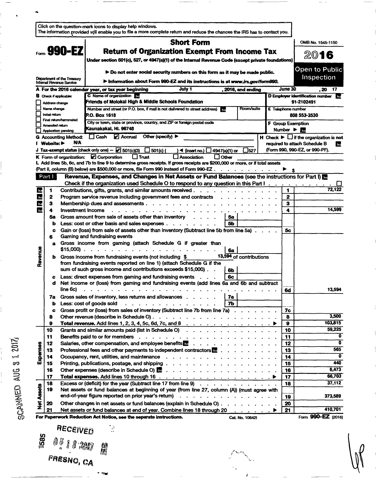 Image of first page of 2016 Form 990EZ for Friends of Molokai High and Middle Schools Foundation