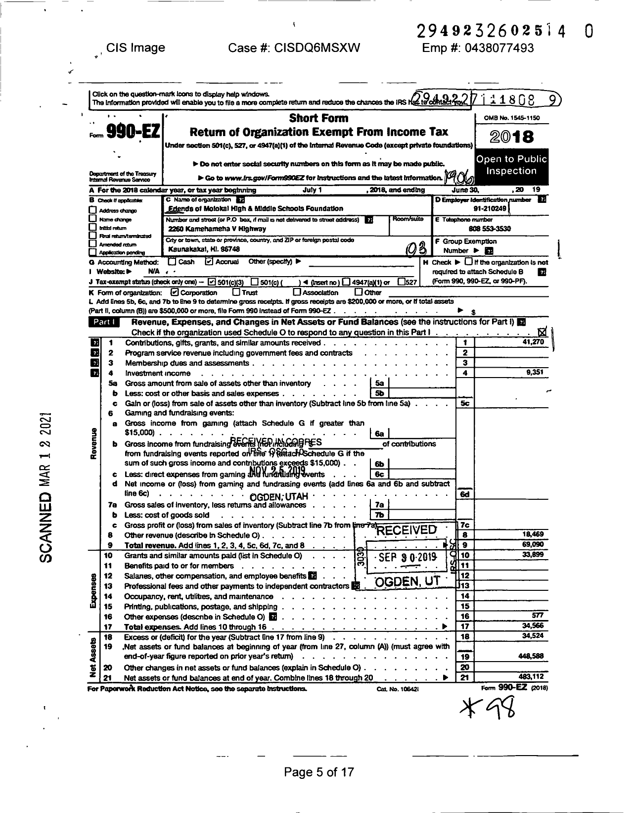 Image of first page of 2018 Form 990EZ for Friends of Molokai High and Middle Schools Foundation