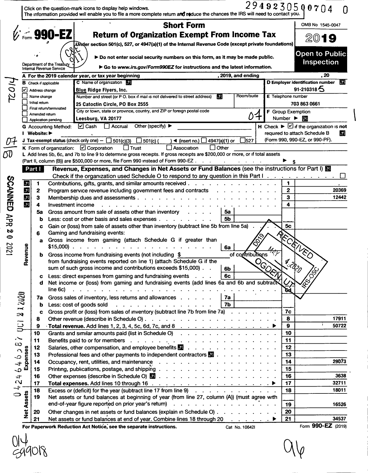 Image of first page of 2019 Form 990EO for Blue Ridge Flyers