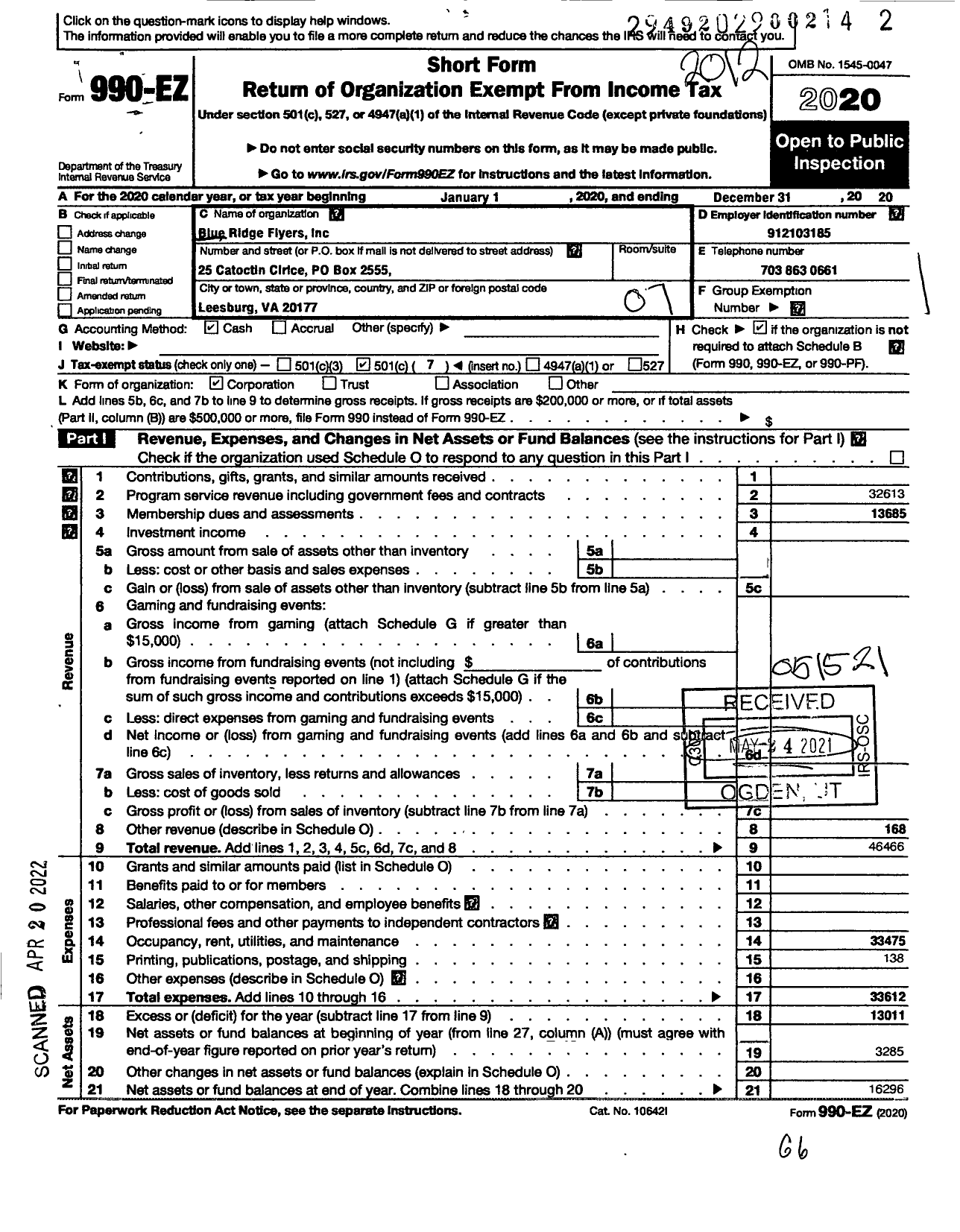 Image of first page of 2020 Form 990EO for Blue Ridge Flyers