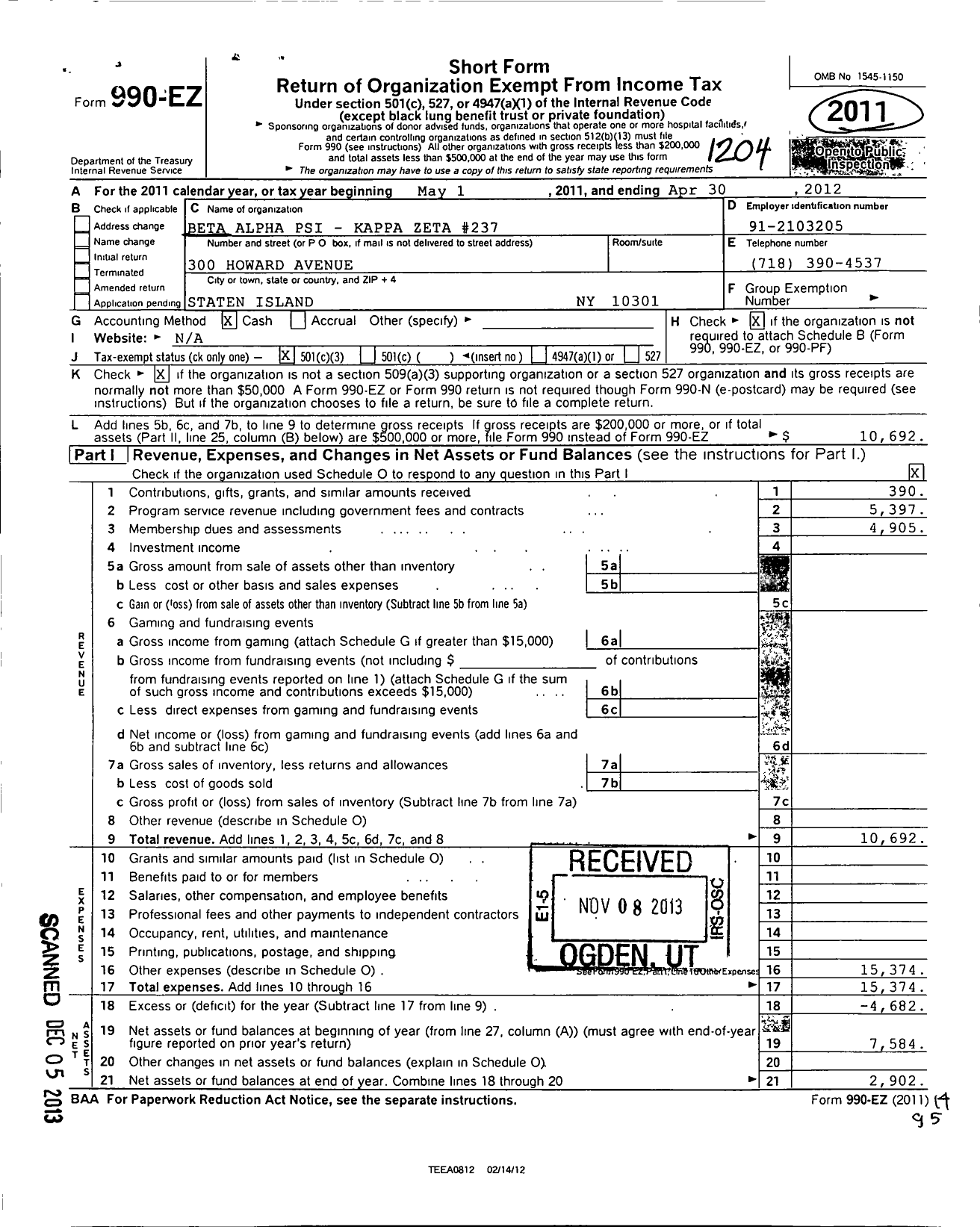 Image of first page of 2011 Form 990EZ for Beta Alpha Psi National Council - 237 Kappa Zeta CHP St Johns Univ