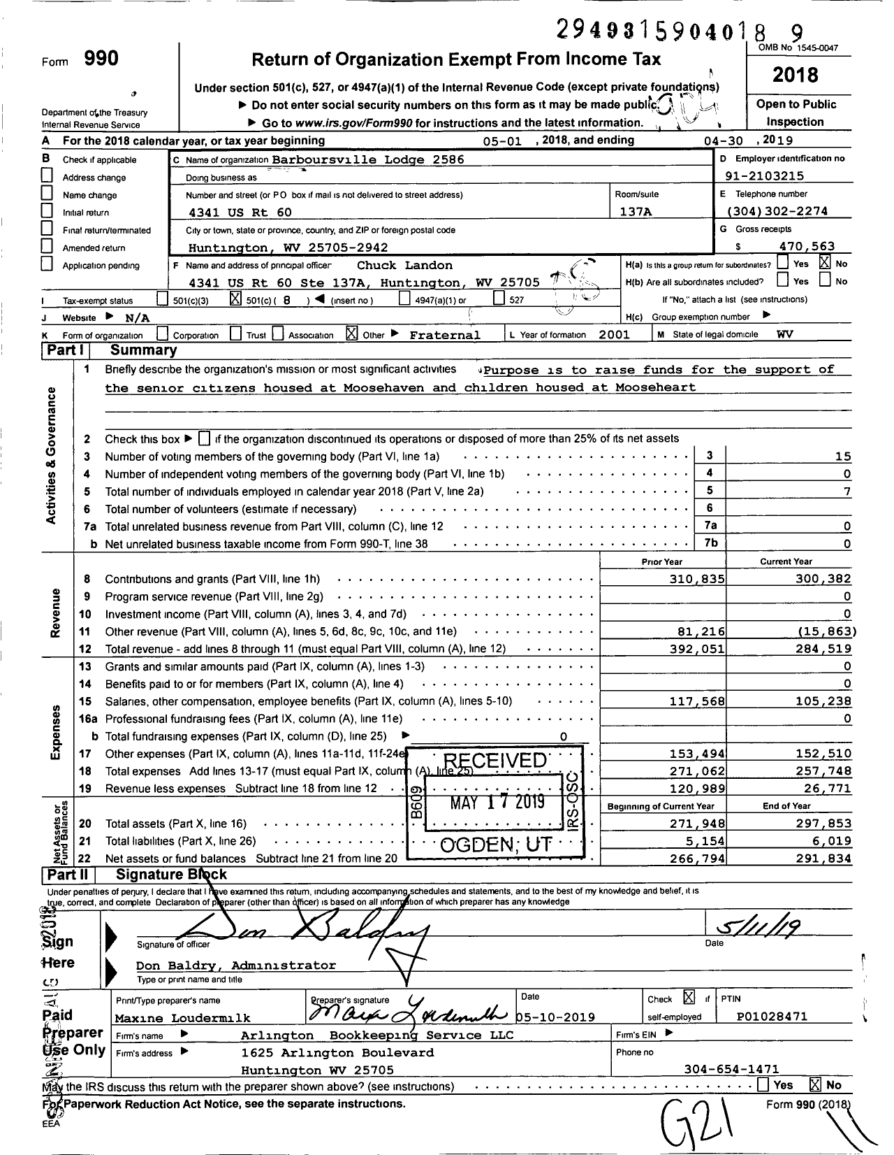 Image of first page of 2018 Form 990O for Loyal Order of Moose - 2586