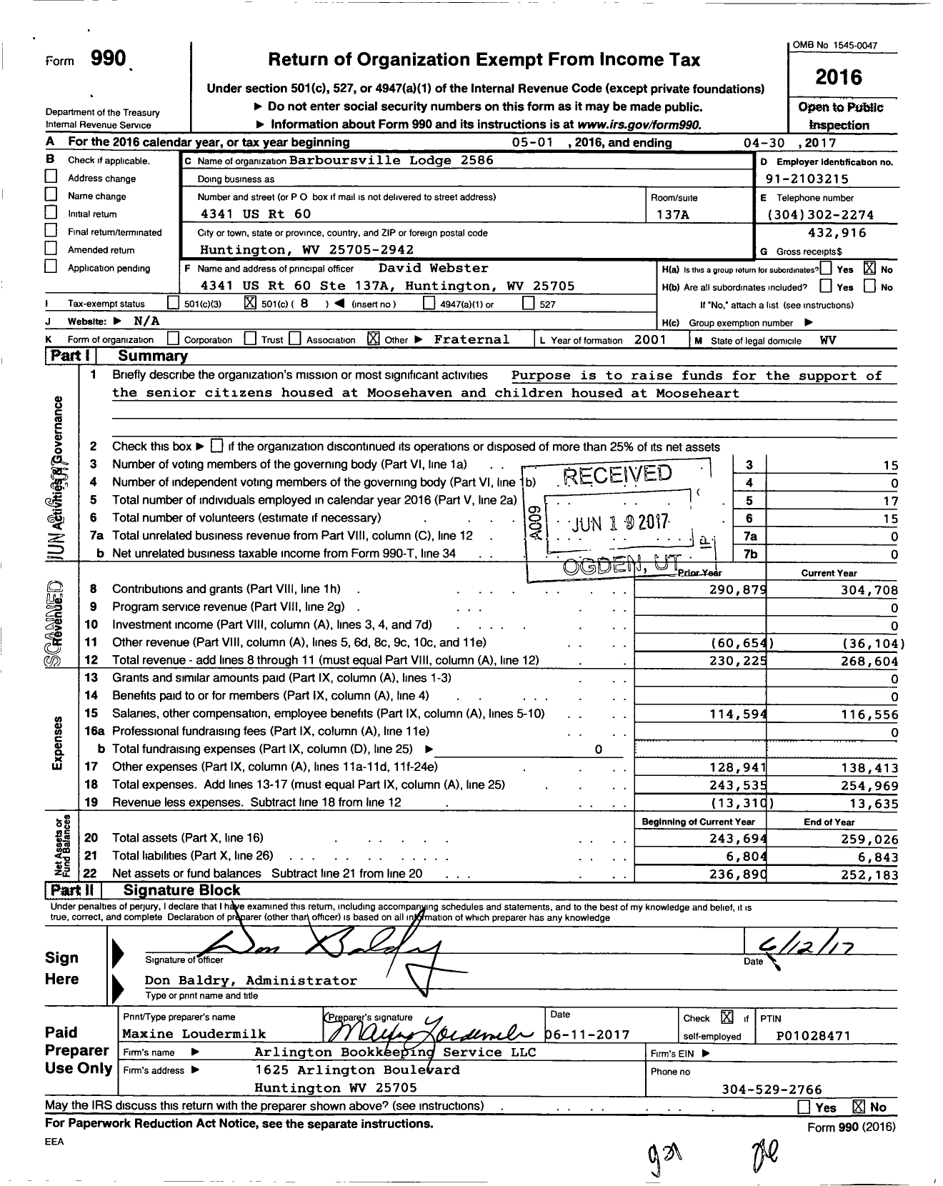 Image of first page of 2016 Form 990O for Loyal Order of Moose - 2586
