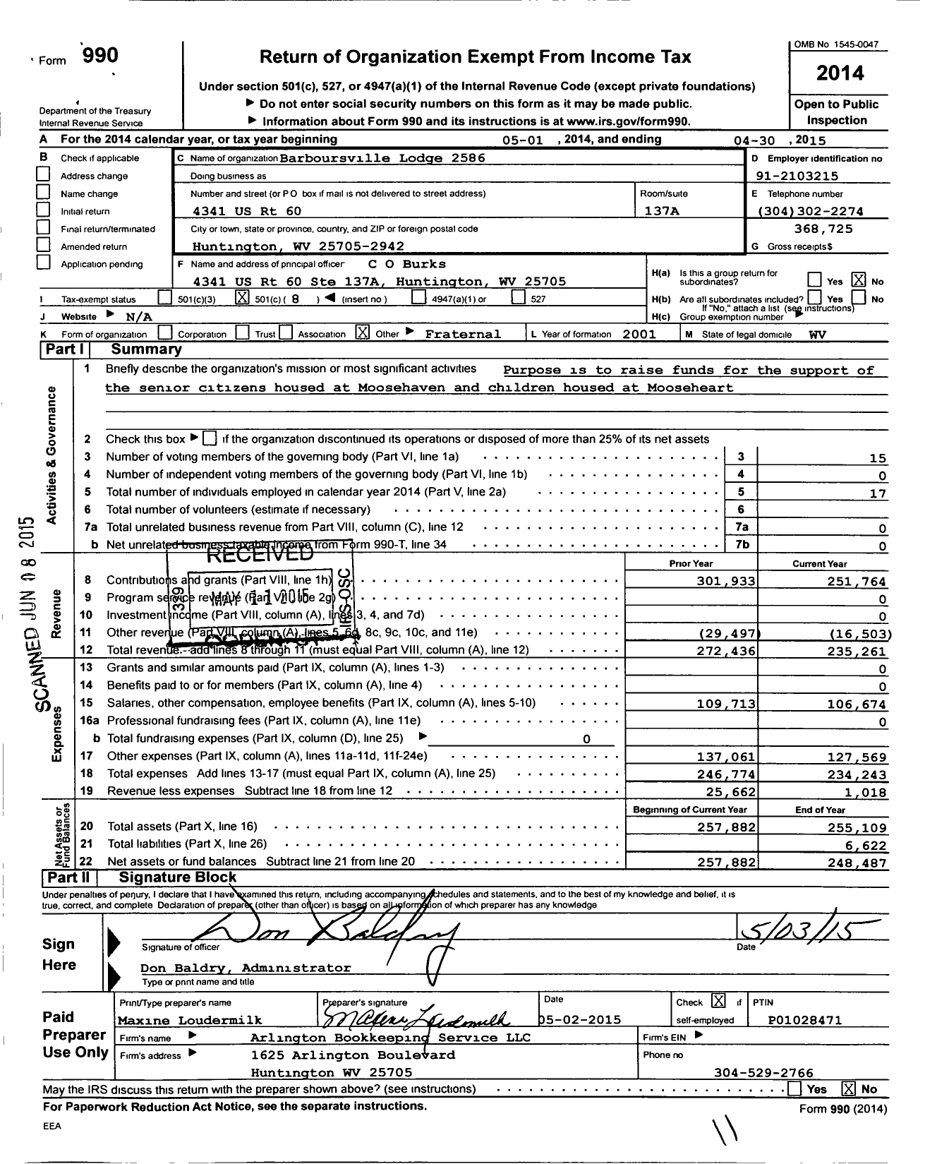 Image of first page of 2014 Form 990O for Loyal Order of Moose - 2586
