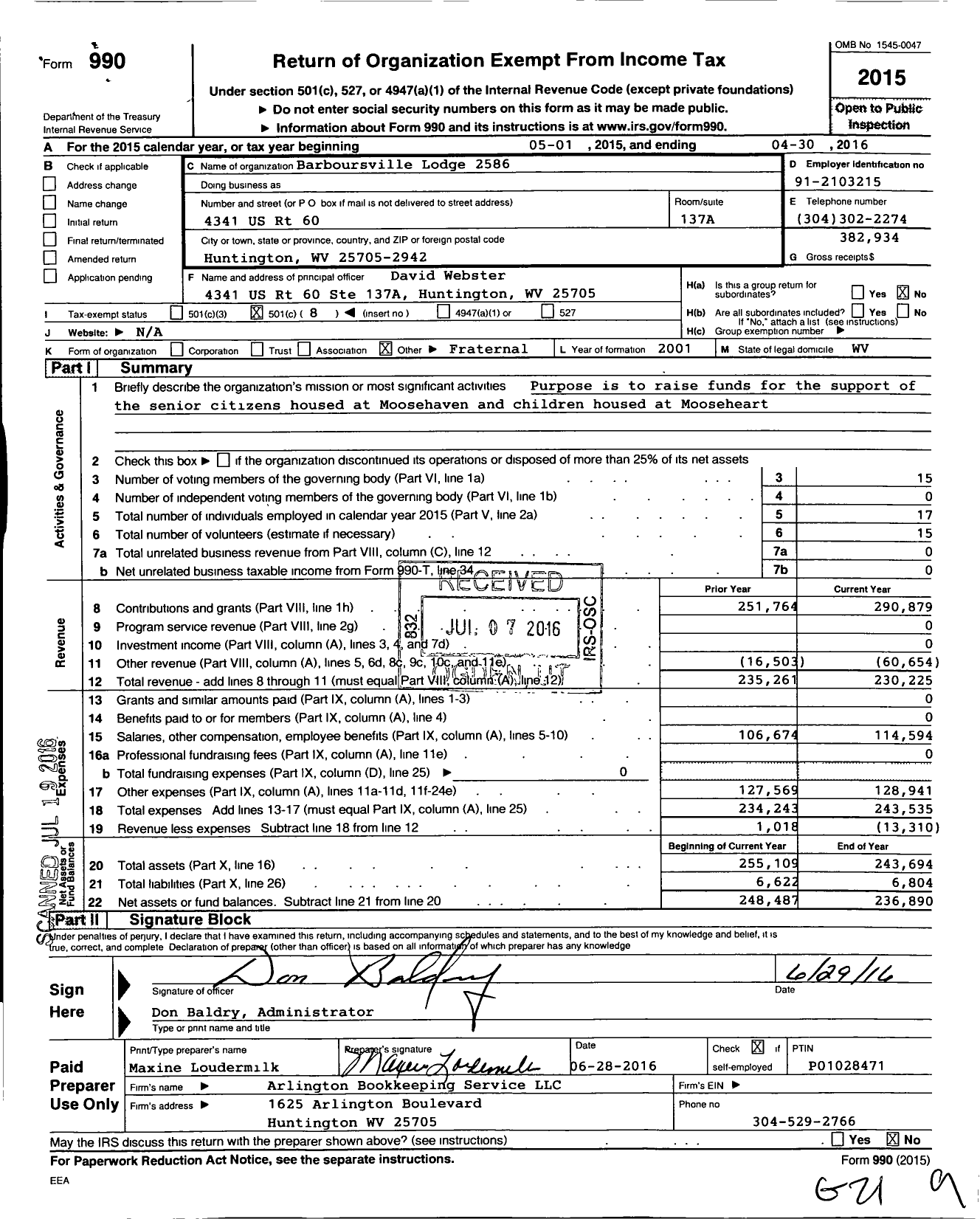 Image of first page of 2015 Form 990O for Loyal Order of Moose - 2586