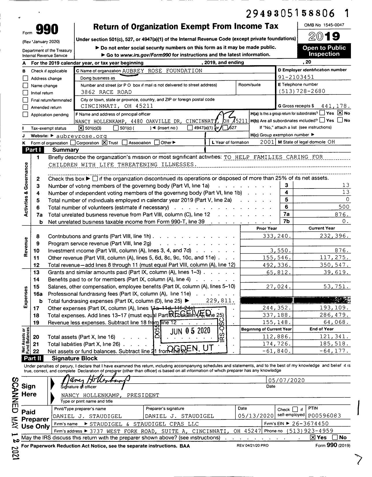 Image of first page of 2019 Form 990 for Aubrey Rose Foundation