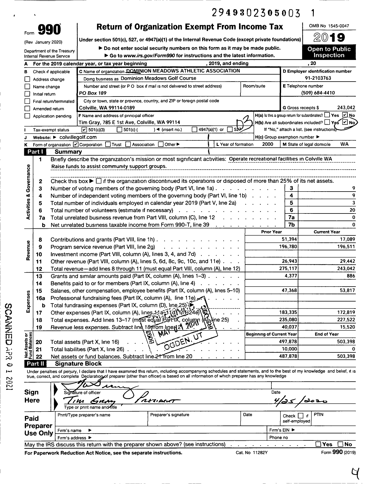 Image of first page of 2019 Form 990 for Dominion Meadows Golf Course