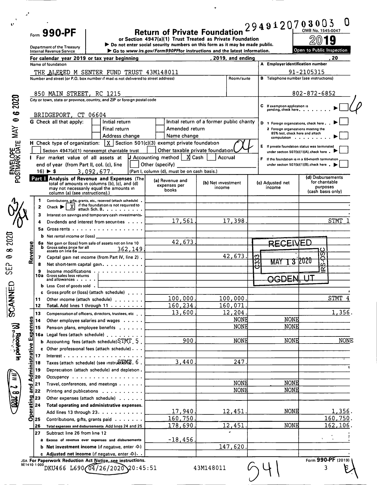 Image of first page of 2019 Form 990PR for The Alfred M Senter Fund Trust