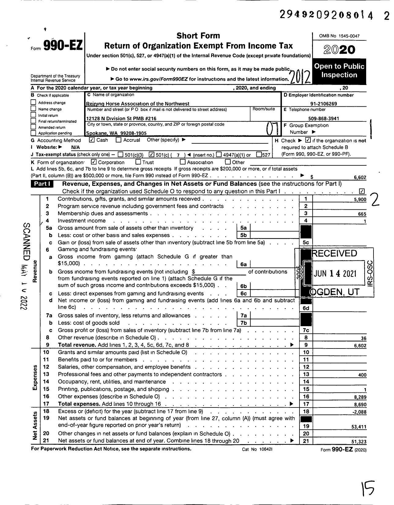 Image of first page of 2020 Form 990EO for Reining Horse Association Of The Northwest