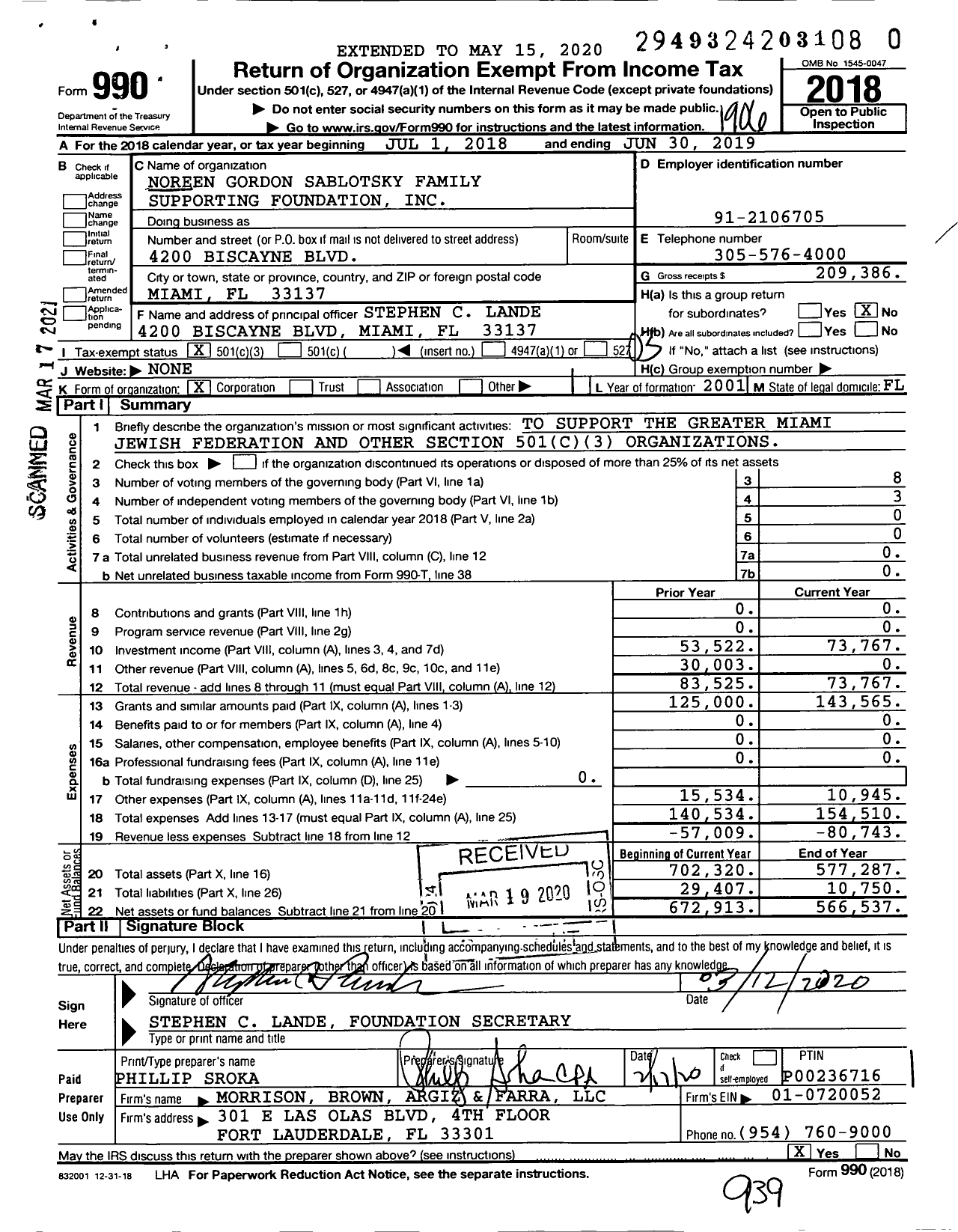 Image of first page of 2018 Form 990 for Noreen Gordon Sablotsky Family Supporting Foundation