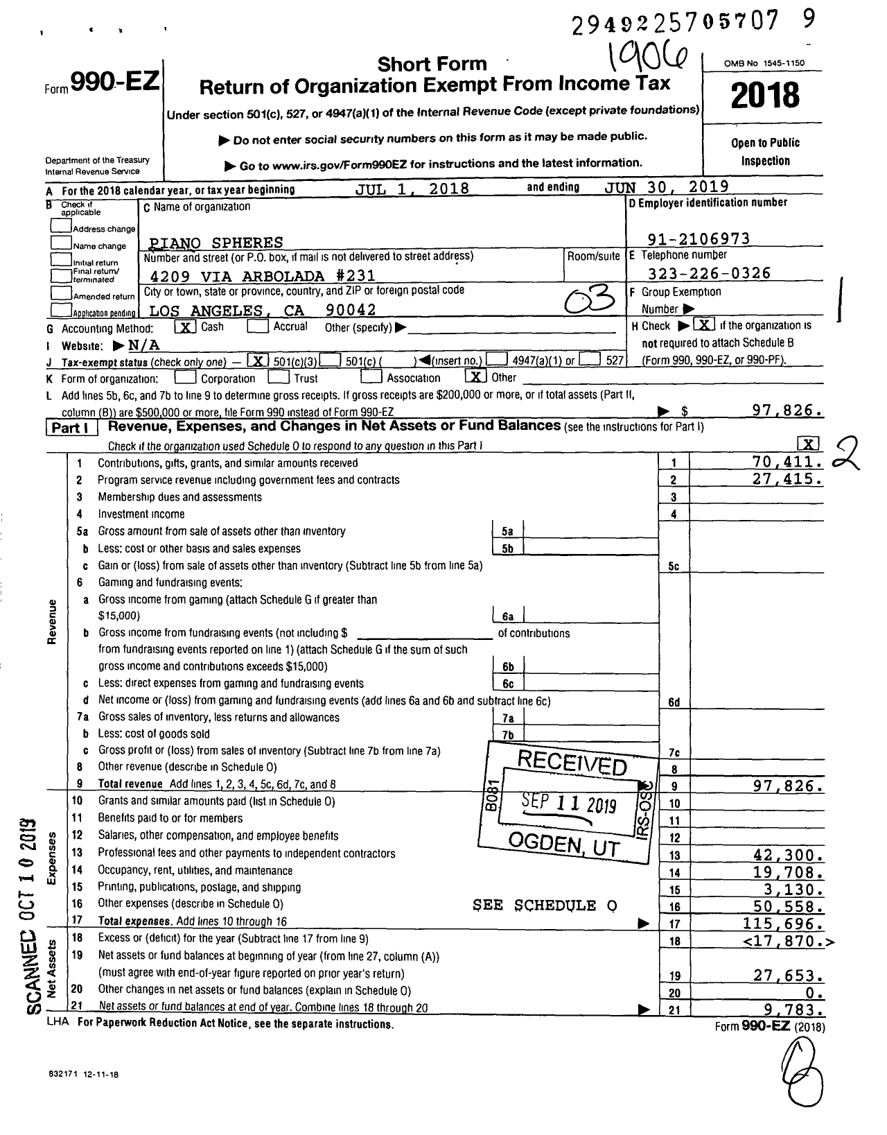 Image of first page of 2018 Form 990EZ for Piano Spheres