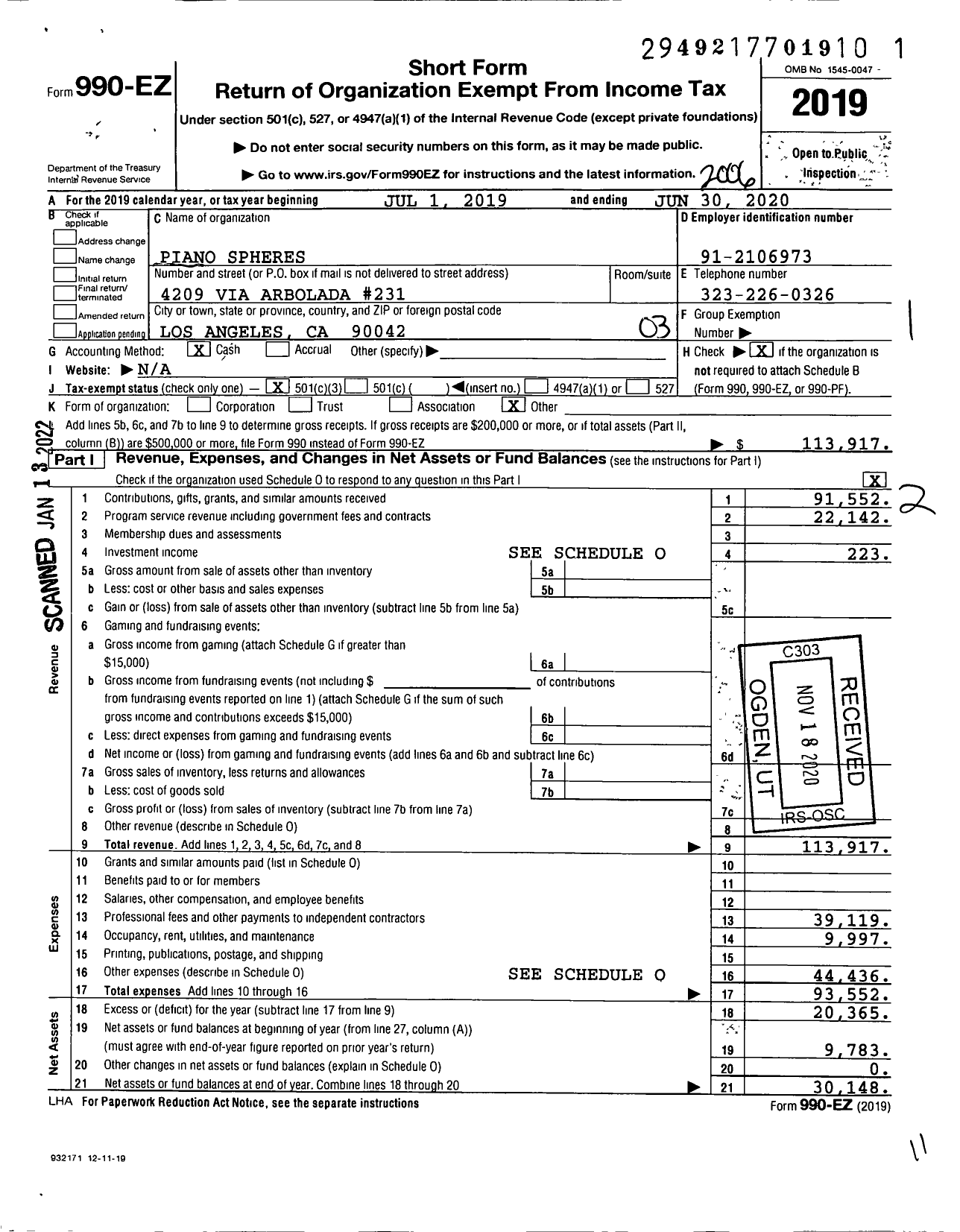 Image of first page of 2019 Form 990EZ for Piano Spheres