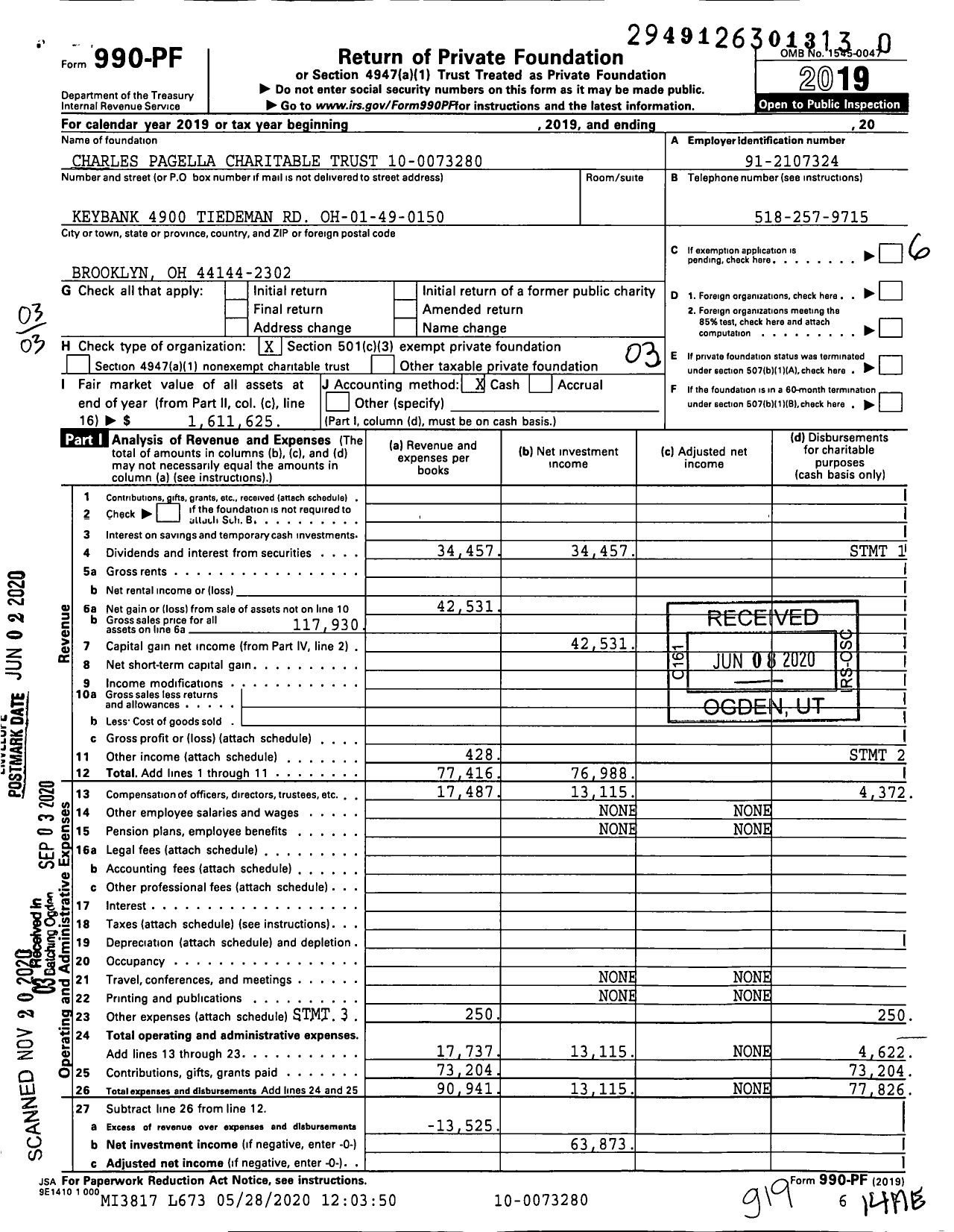 Image of first page of 2019 Form 990PF for Charles Pagella Charitable Trust