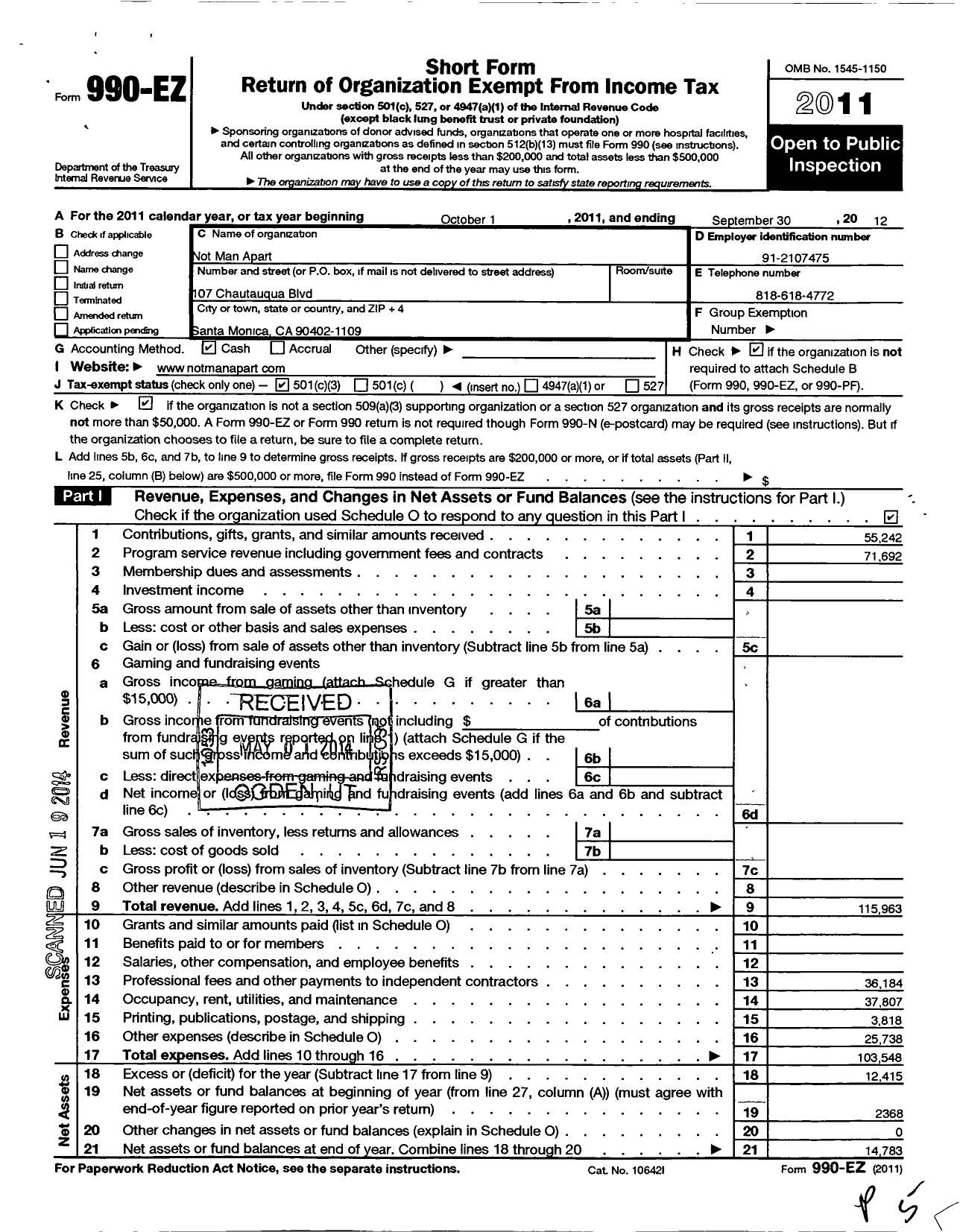 Image of first page of 2011 Form 990EZ for Not Man Apart