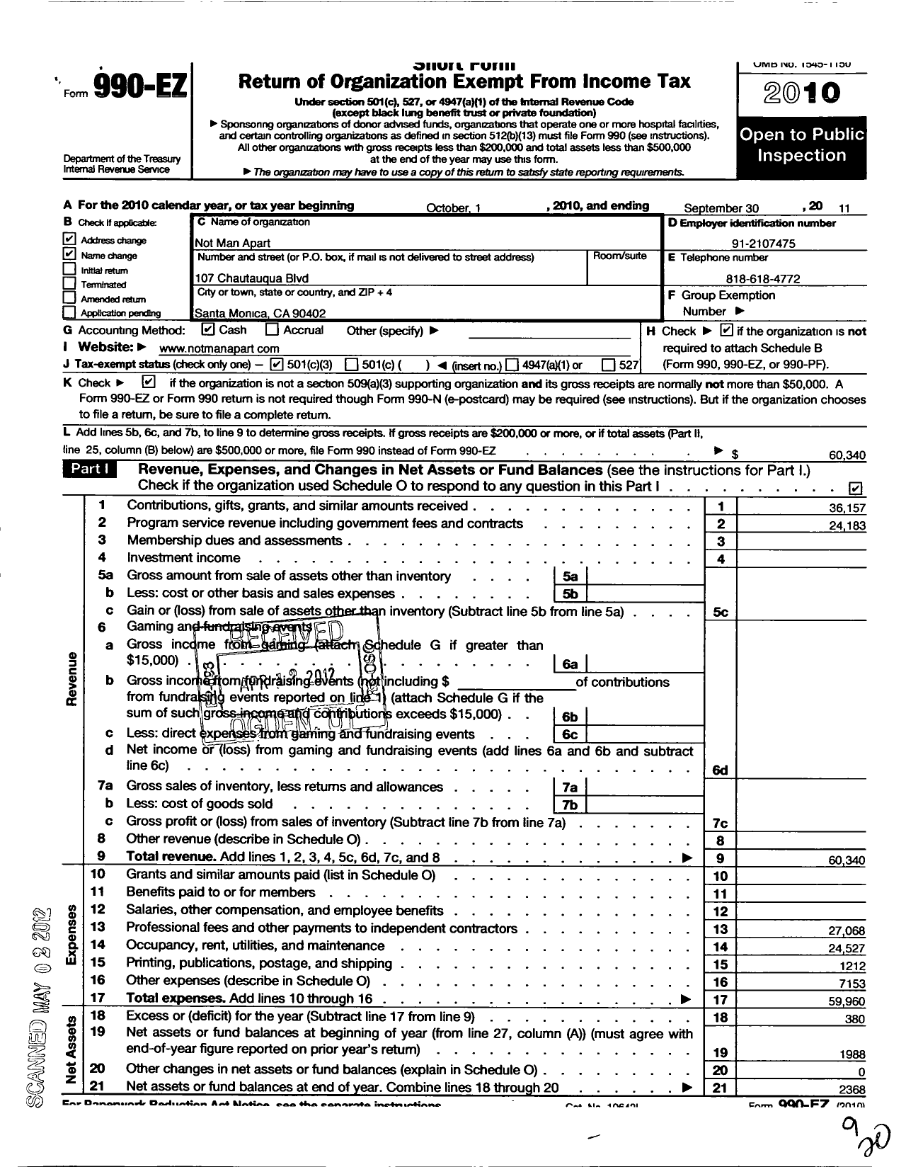 Image of first page of 2010 Form 990EZ for Not Man Apart