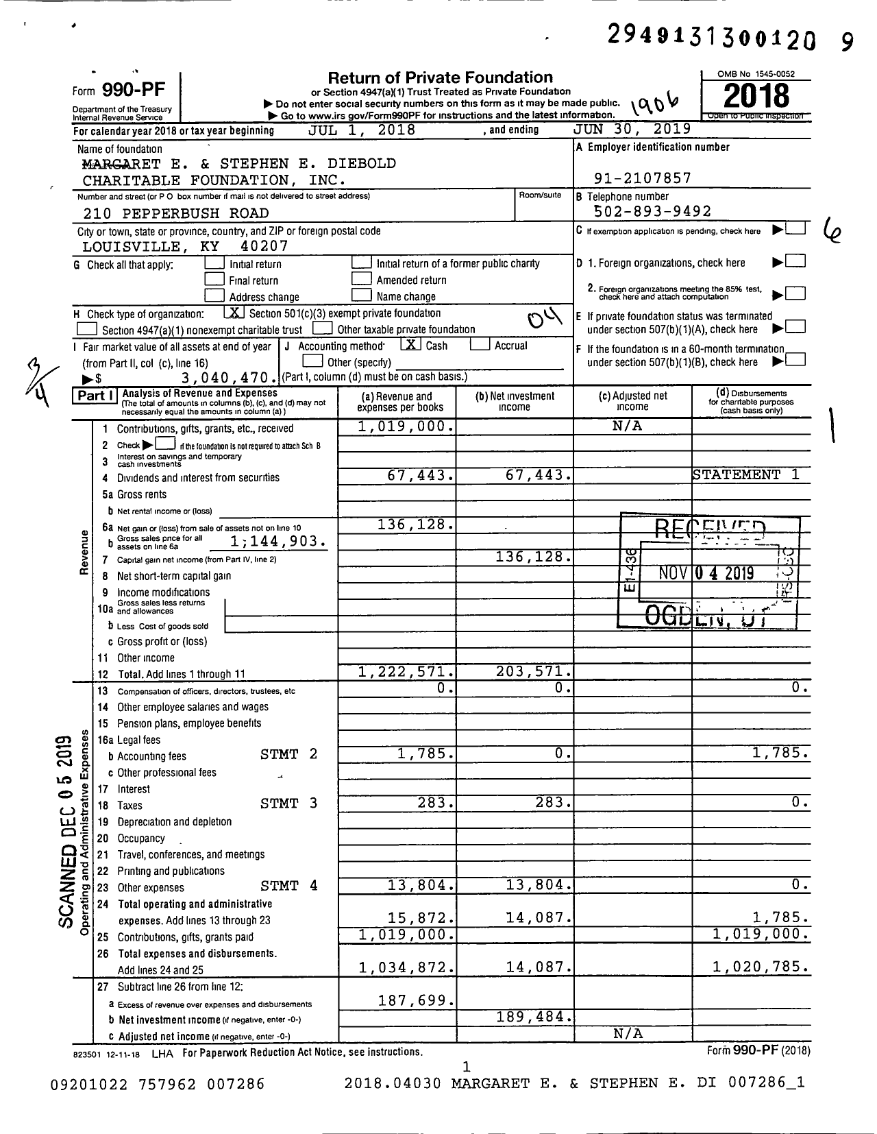 Image of first page of 2018 Form 990PF for Margaret E and Stephen E Diebold Charitable Foundation