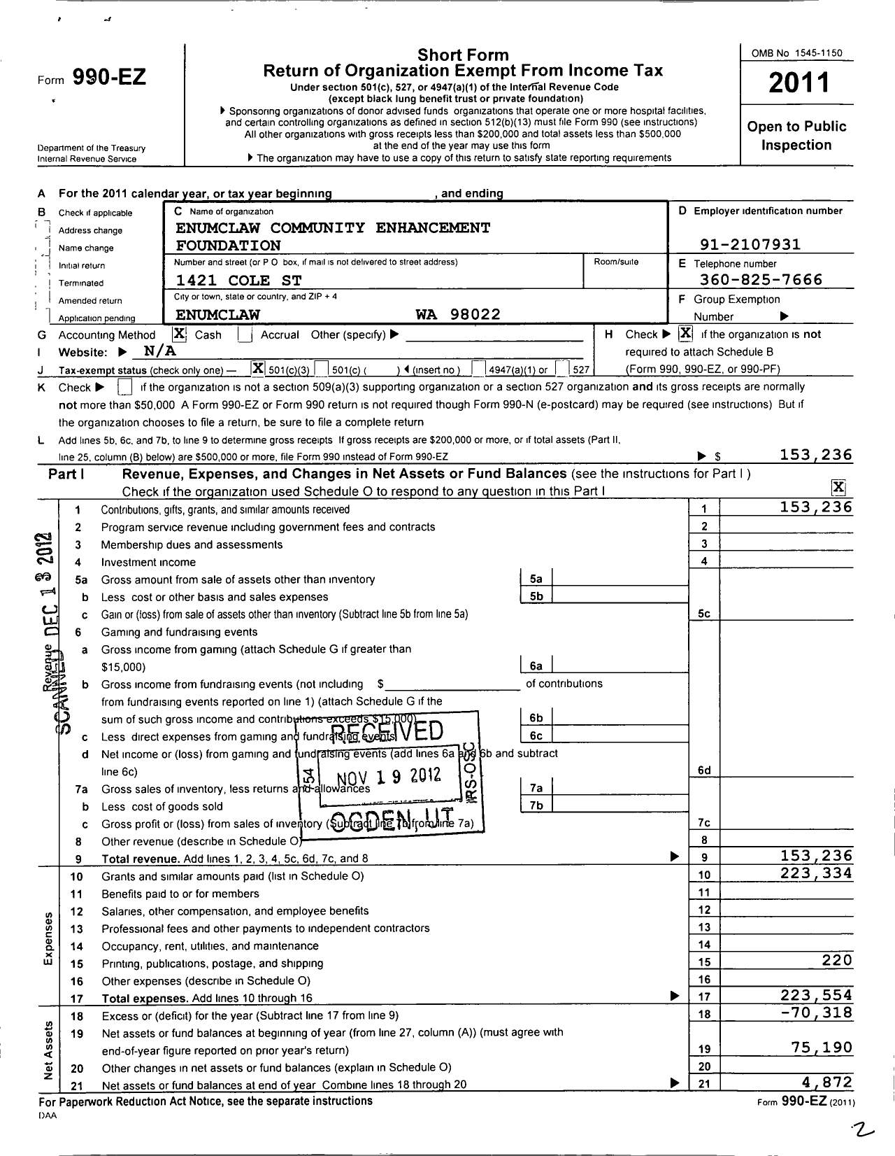 Image of first page of 2011 Form 990EZ for Enumclaw Community Enhancement Foundation