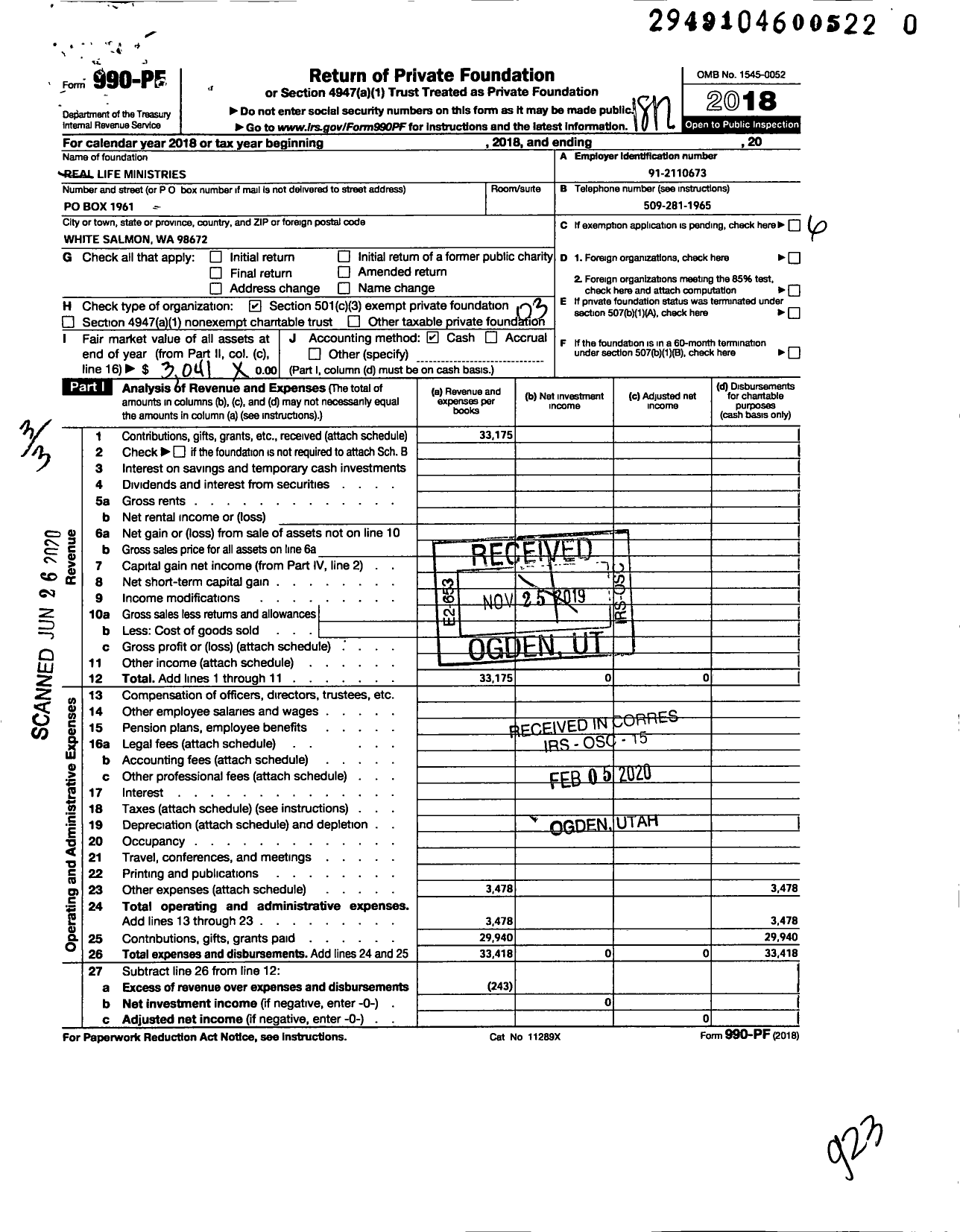 Image of first page of 2018 Form 990PR for Real Life Ministries