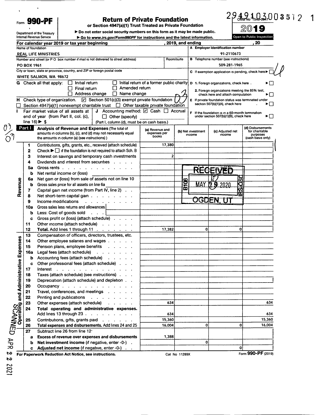 Image of first page of 2019 Form 990PF for Real Life Ministries