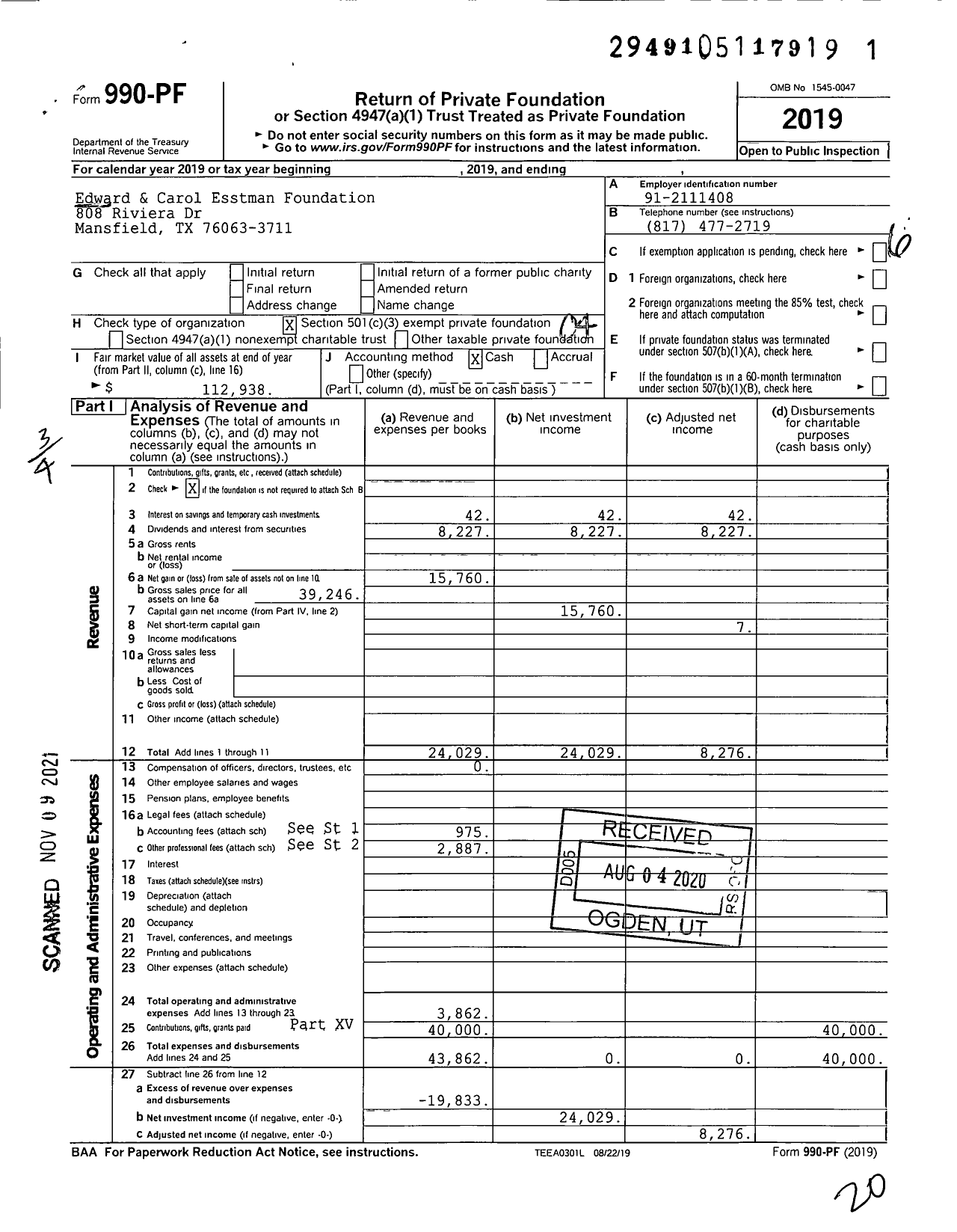 Image of first page of 2019 Form 990PF for Edward and Carol Esstman Foundation