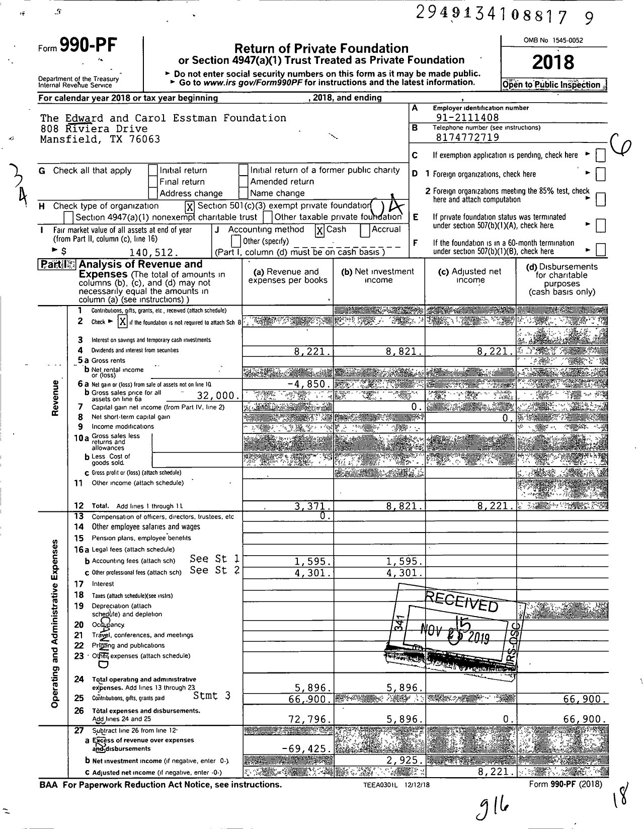 Image of first page of 2018 Form 990PF for Edward and Carol Esstman Foundation