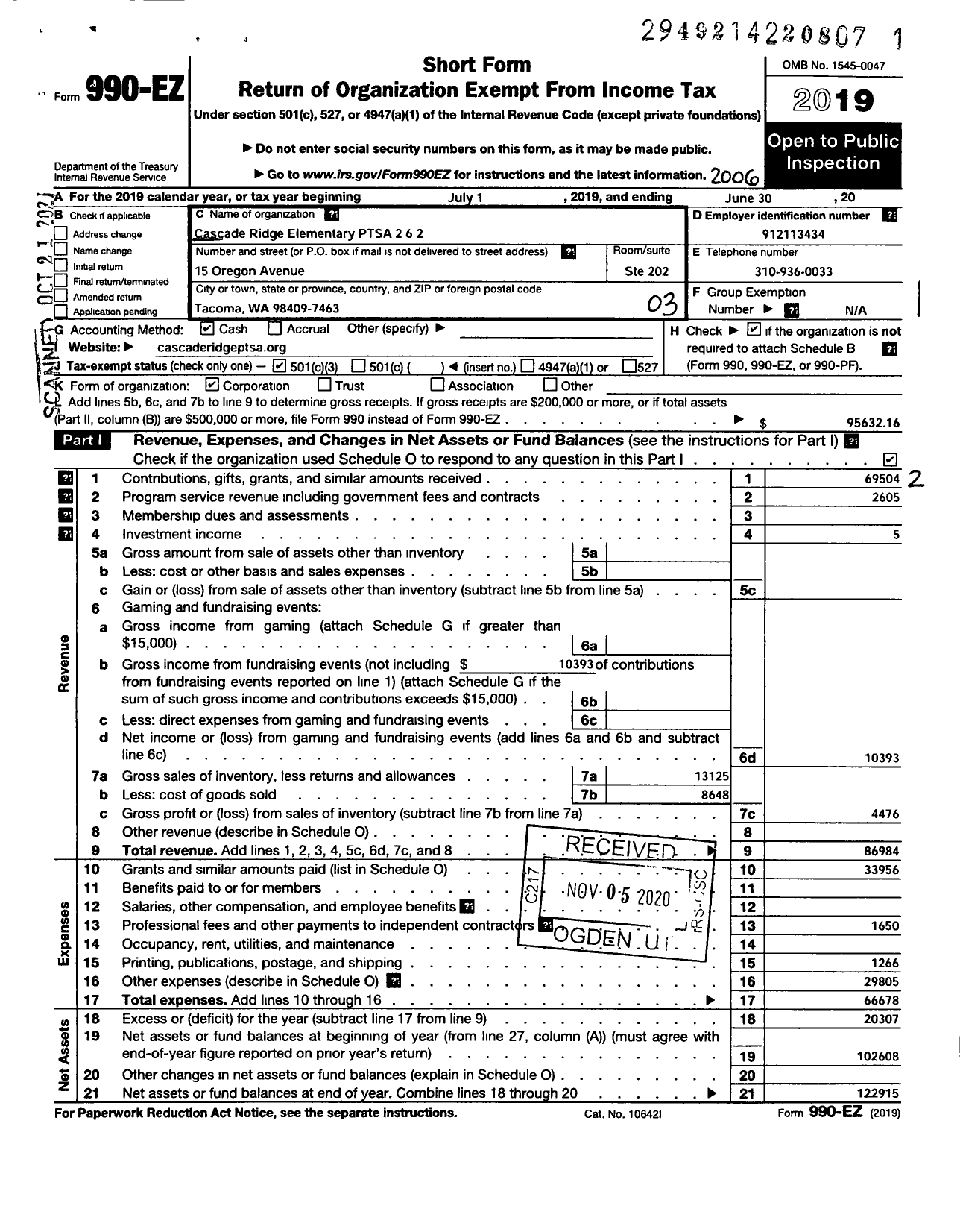 Image of first page of 2019 Form 990EZ for Cascade Ridge Elementary Ptsa 2 6 2