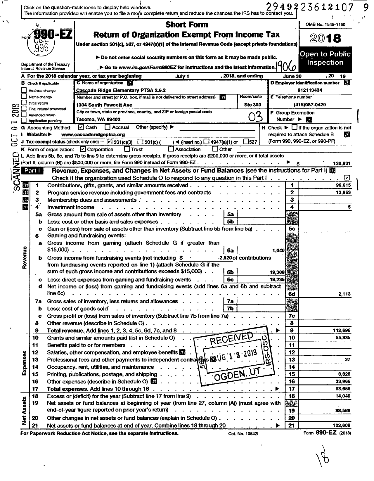Image of first page of 2018 Form 990EZ for Cascade Ridge Elementary Ptsa 2 6 2
