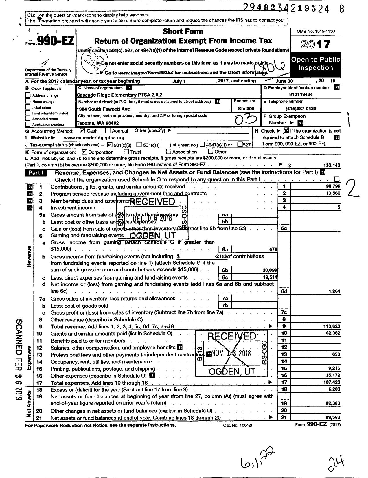 Image of first page of 2017 Form 990EZ for Cascade Ridge Elementary Ptsa 2 6 2