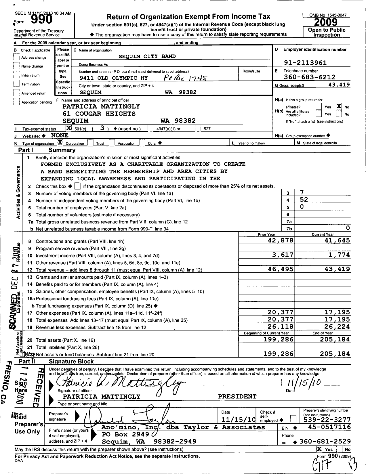 Image of first page of 2009 Form 990 for Sequim City Band